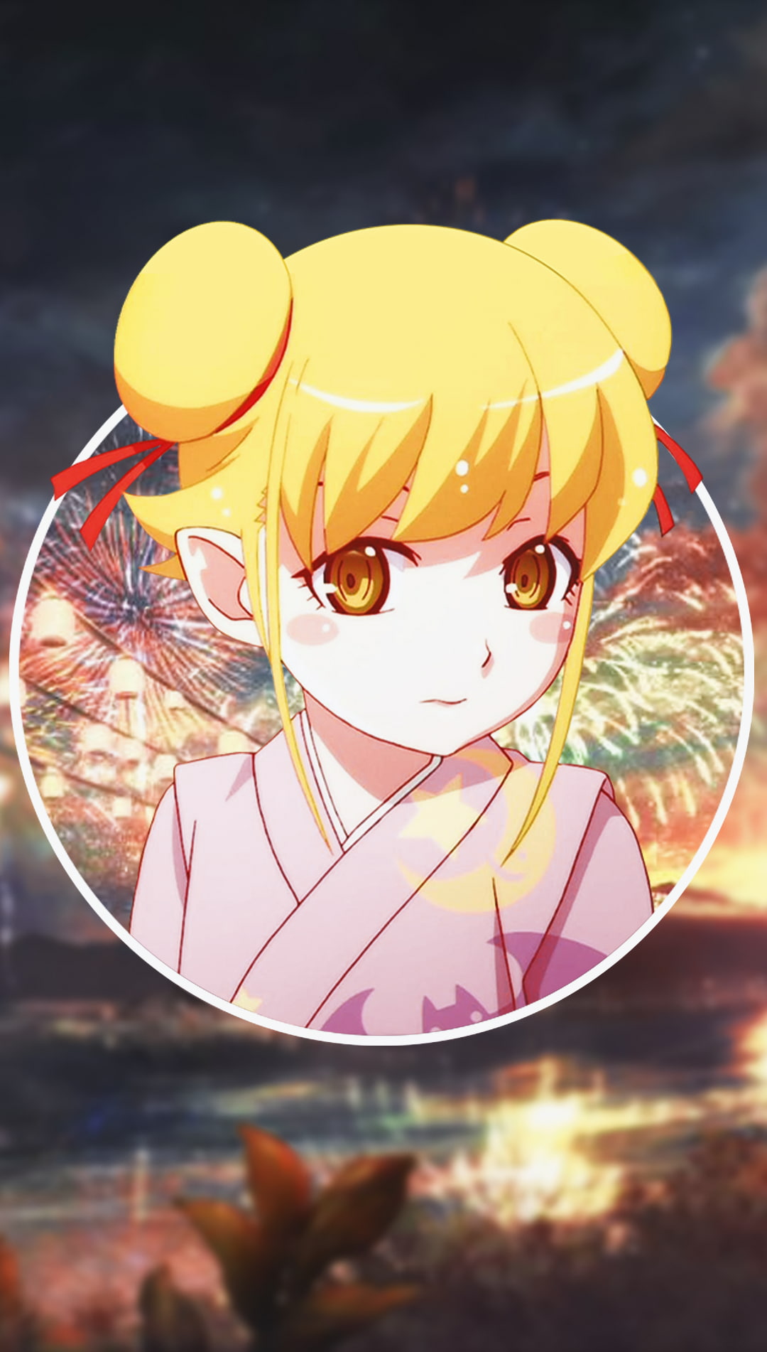 Oshino Shinobu, creativity, multi colored, holiday, 720P, outdoors, mask, fun, Monogatari Series, yellow, focus on foreground, picture-in-picture, anime girls, Phone HD Wallpaper