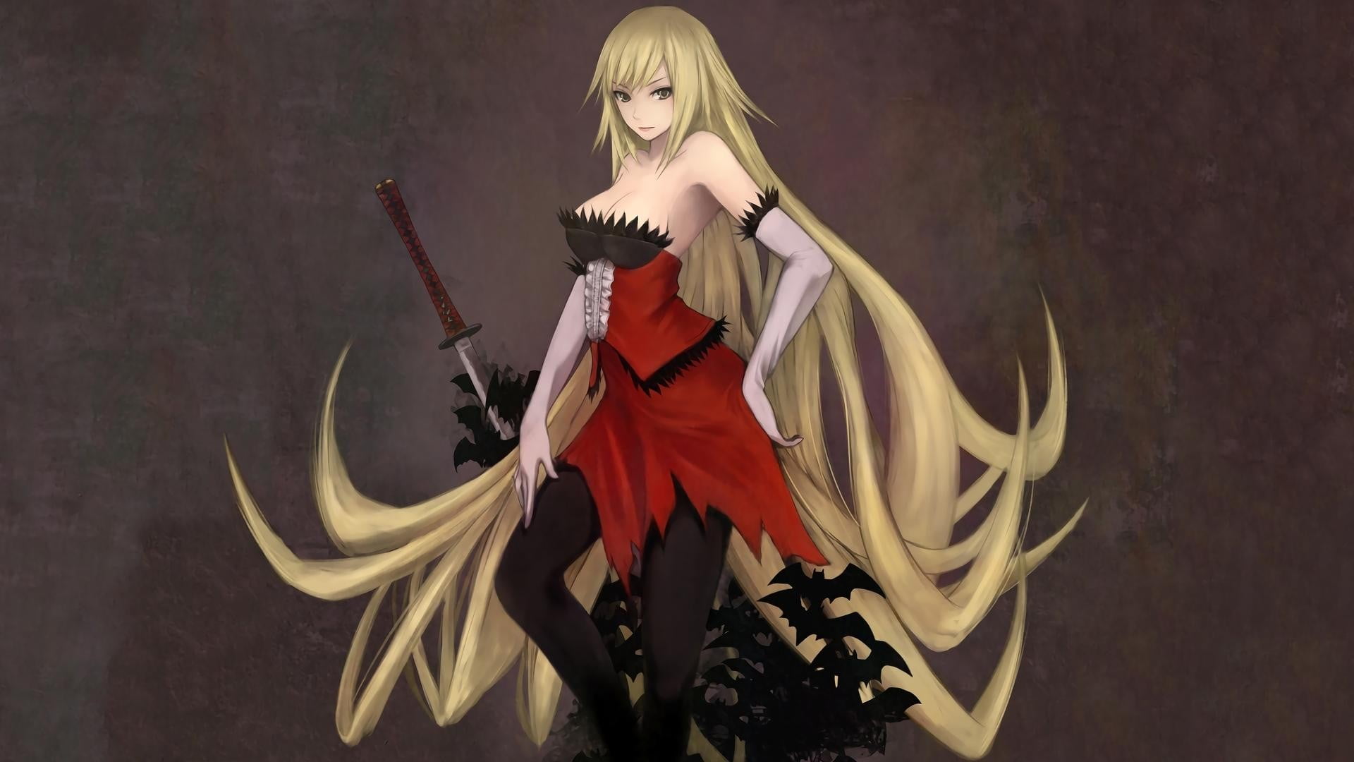 costume, women, 1080P, one person, blond hair, indoors, red, Oshino Shinobu, young women, front view, young adult, clothing, adult, Monogatari Series, HD Wallpaper