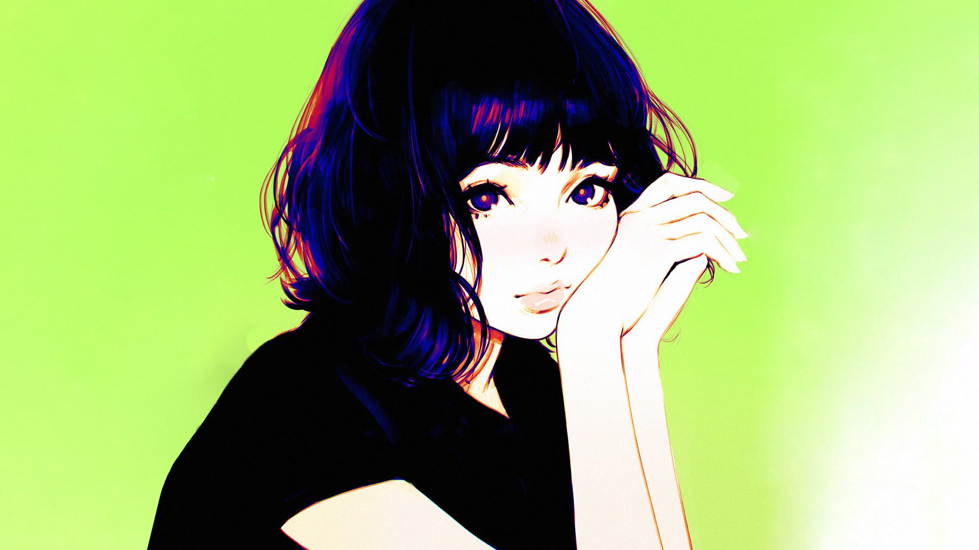 green color, beautiful woman, human face, anime, hair, women, anime girls, hairstyle, green background, Ilya Kuvshinov, indoors, one person, young adult, HD Wallpaper