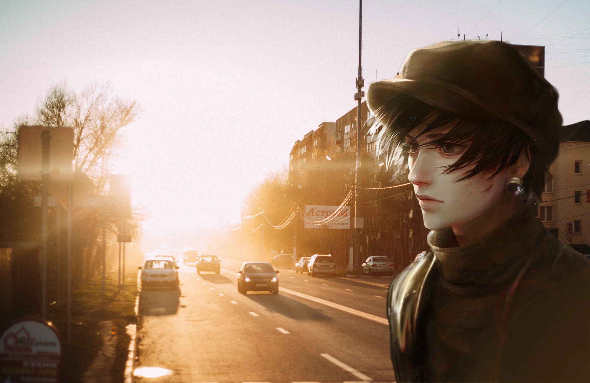 road, nature, irl, street, mode of transportation, sunlight, car, architecture, anime, land vehicle, 1080P, sky, one person, city, city street, city life, HD Wallpaper