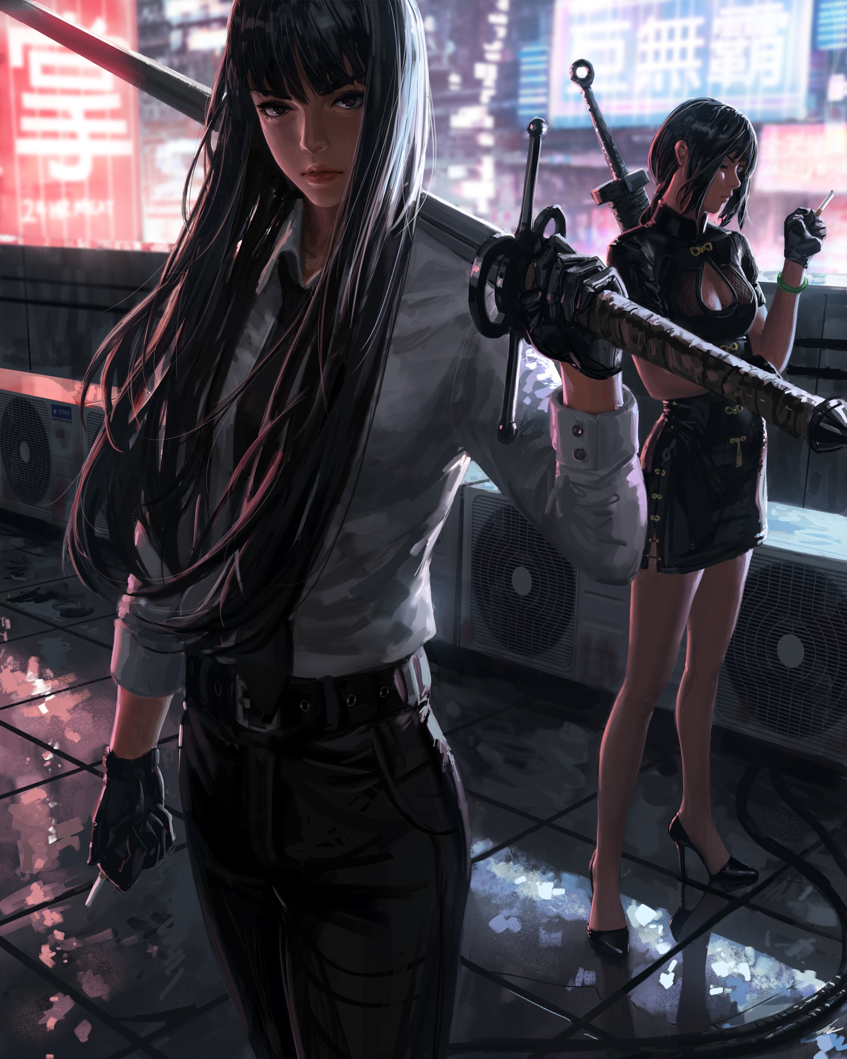 digital art, katana, 4K, GUWEIZ, Bad guys, artwork, warrior girls, Phone HD Wallpaper