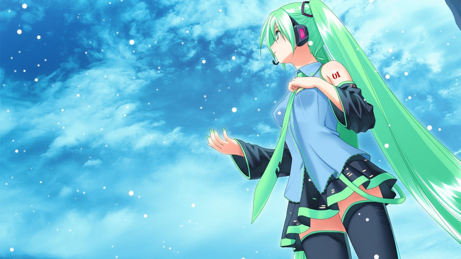 green color, standing, side view, crash helmet, three quarter length, real people, outdoors, day, sky, nature, detached sleeves, Hatsune Miku, anime, anime girls, HD Wallpaper