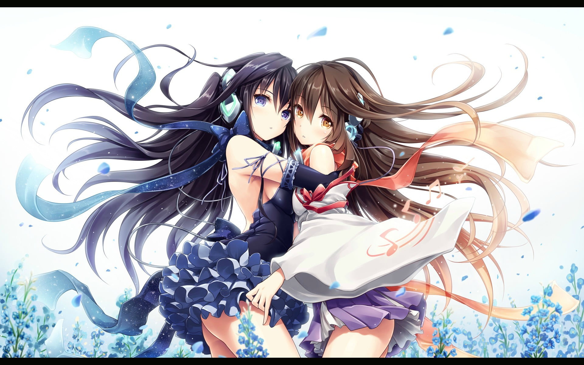 anime girls, front view, hairstyle, women, ribbon, lifestyles, real people, representation, leisure activity, dark hair, human representation, art and craft, HD Wallpaper