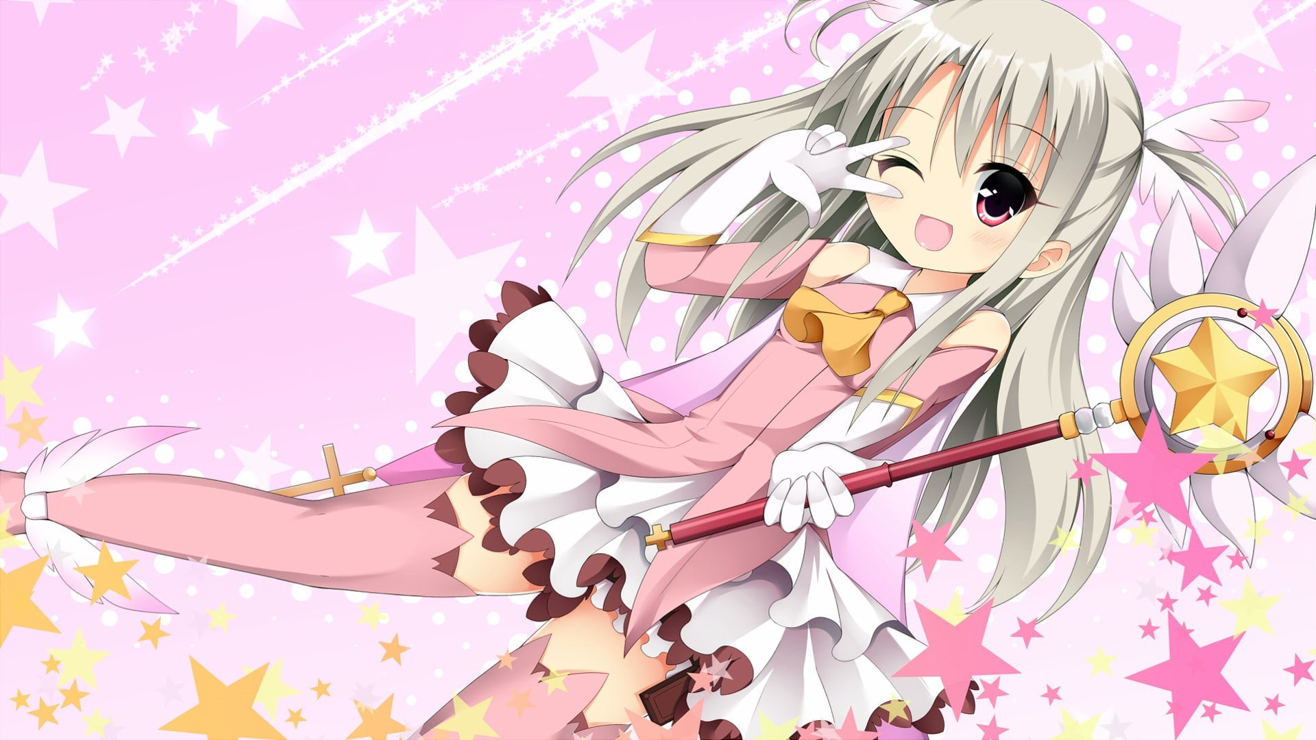 anime, pink, white gloves, gloves, detached sleeves, pink dress, looking at viewer, staff, Fate/kaleid liner Prisma Illya, gray hair, smiling, skirt, 1080P, HD Wallpaper