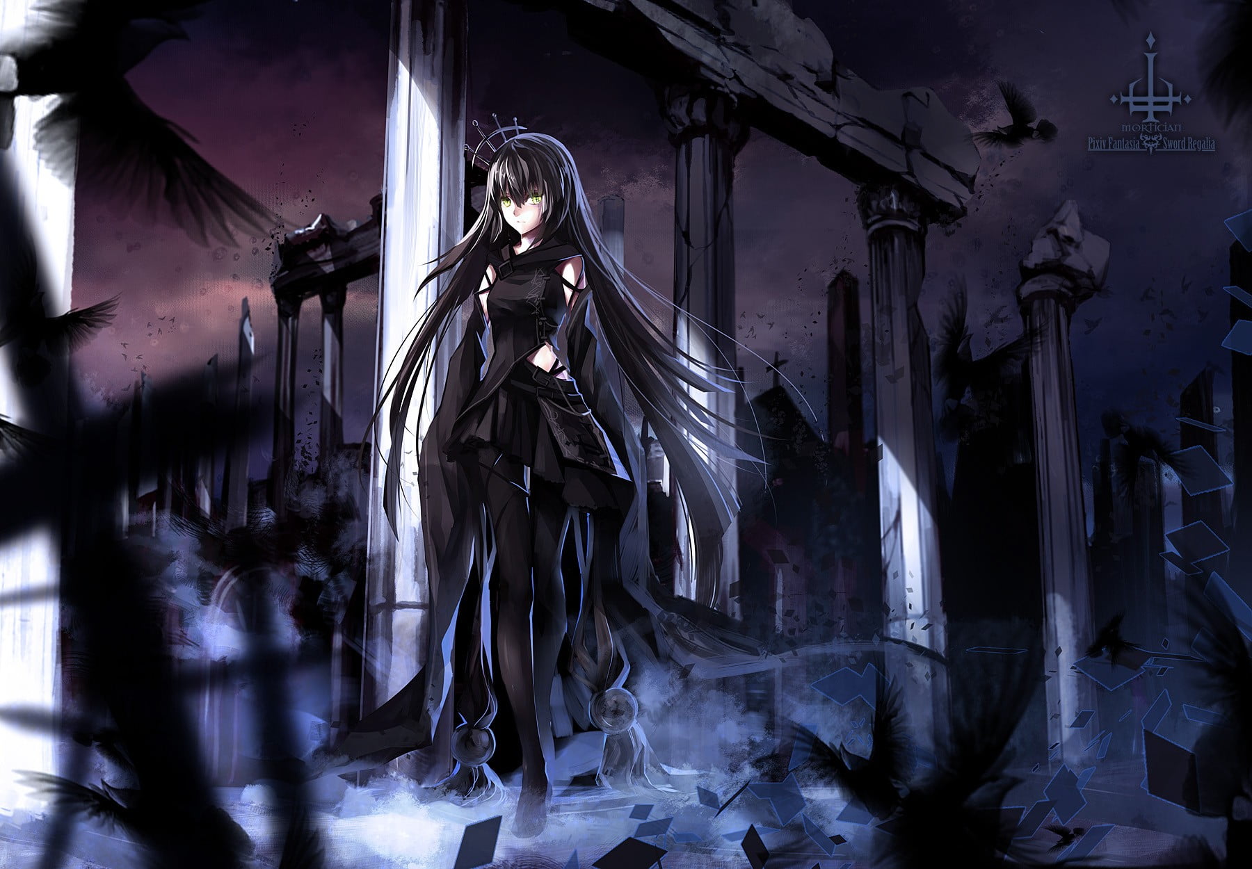 adult, 720P, black hair, illuminated, thigh-highs, occupation, detached sleeves, black dress, ruins, place of worship, human representation, standing, HD Wallpaper