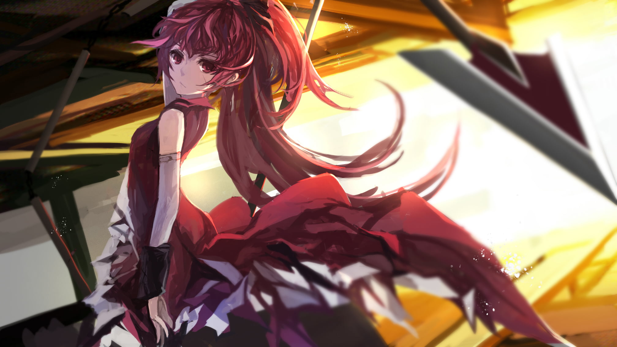 representation, focus on foreground, long hair, mask, low angle view, red eyes, ponytail, anime, 1080P, decoration, still life, no people, close-up, paper, HD Wallpaper