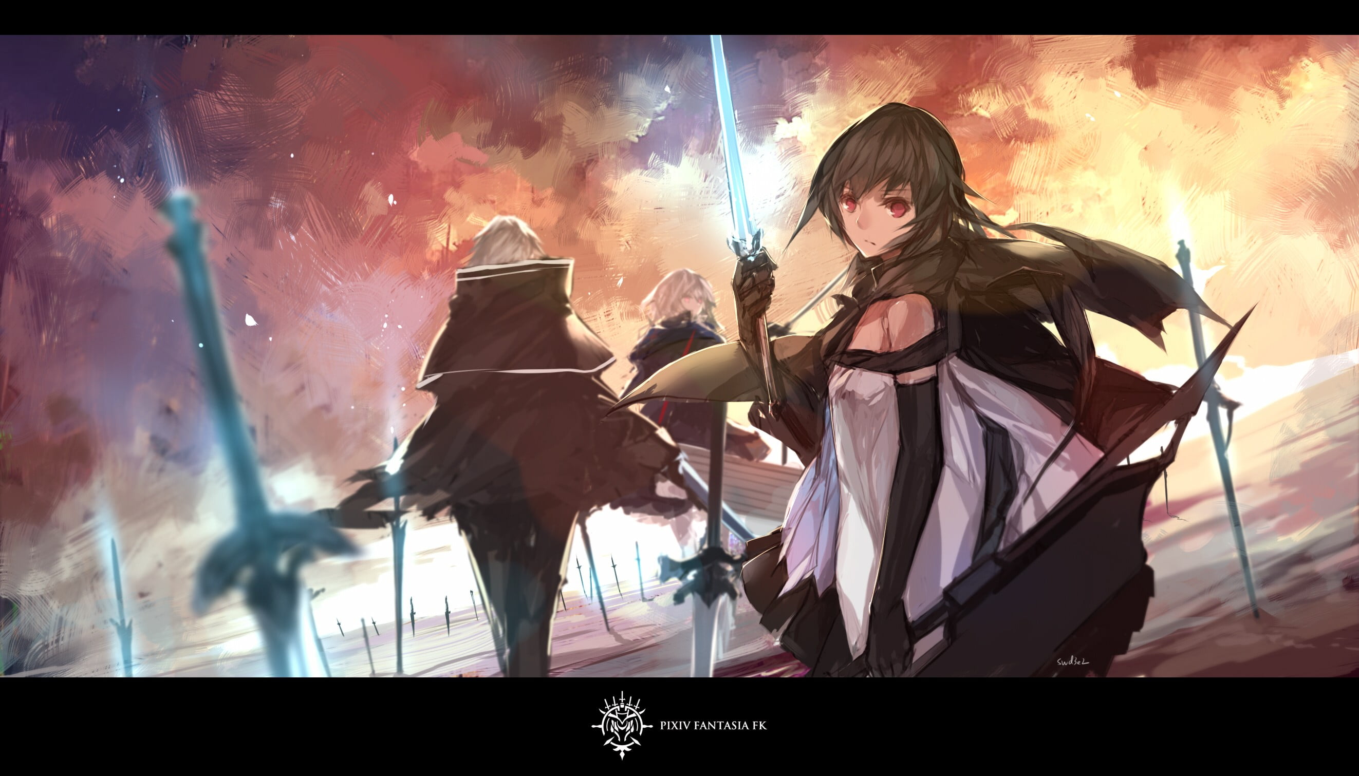 detached sleeves, black hair, event, three quarter length, transfer print, leisure activity, adult, Pixiv Fantasia, 2K, Paradise (pffk), gloves, front view, HD Wallpaper