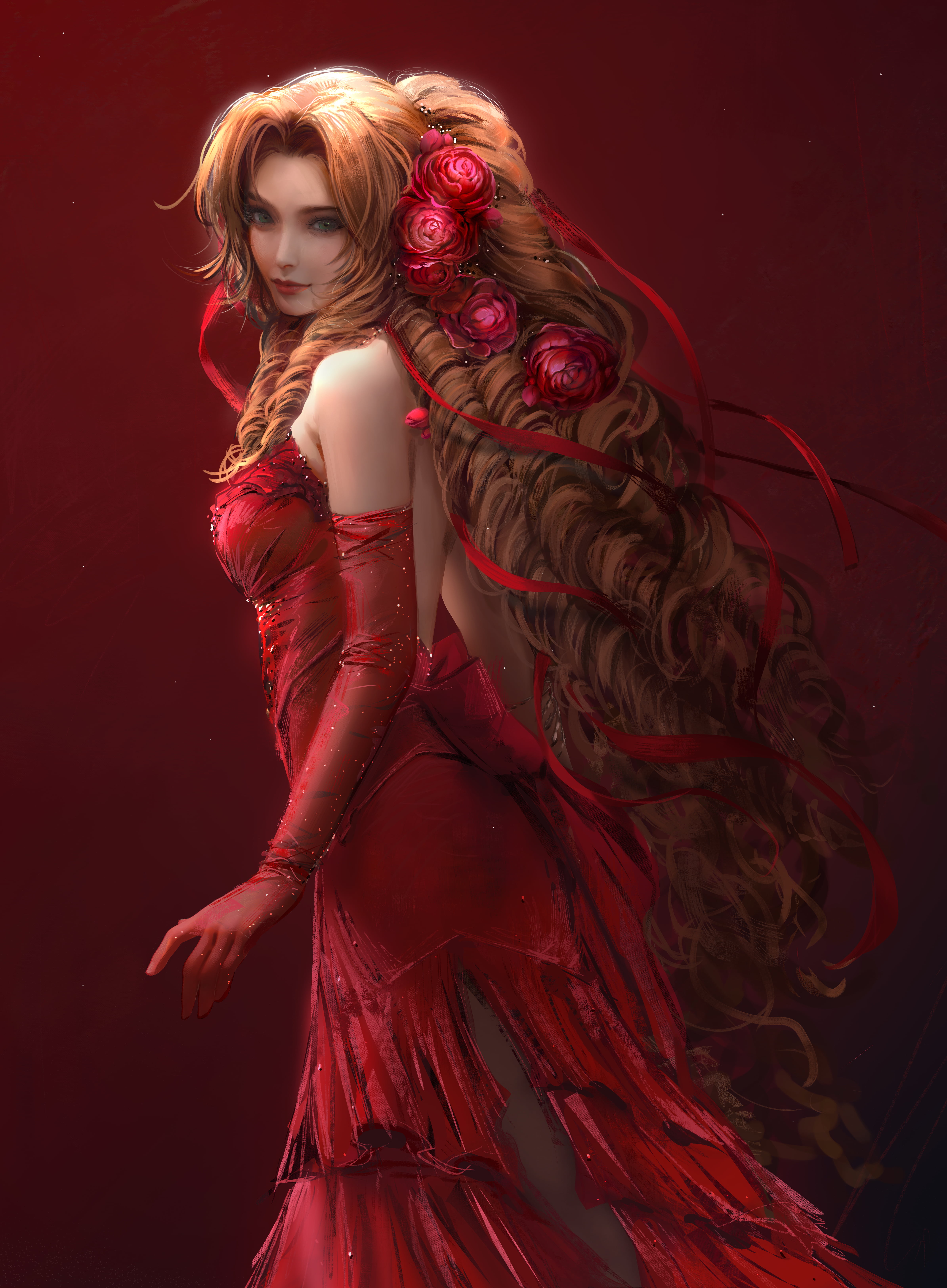 5K, flowers, red clothing, Aerith Gainsborough, women, fan art, red dress, video game characters, Final Fantasy, ribbon, fantasy art, illustration, arm warmers, Phone HD Wallpaper