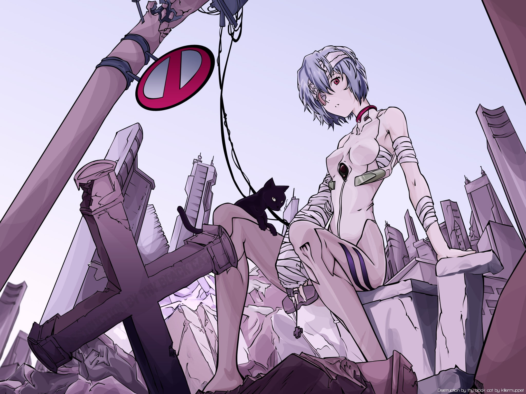 sky, nature, mammal, representation, 1080P, musical equipment, one animal, leisure activity, Neon Genesis Evangelion, music, bandage, lifestyles, low angle view, HD Wallpaper