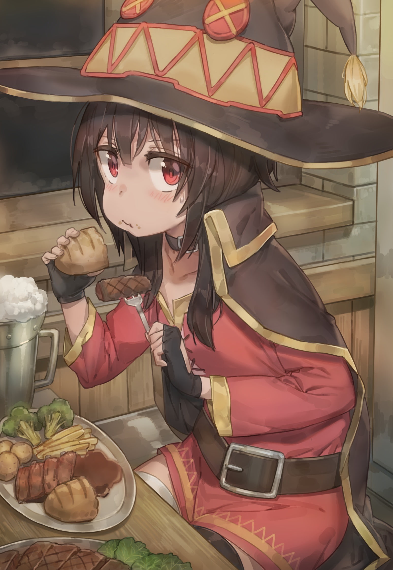 food and drink, lifestyles, holding, food, leisure activity, childhood, bandage, looking at camera, Megumin, one person, day, sitting, Kono Subarashii Sekai ni Shukufuku wo!, Phone HD Wallpaper