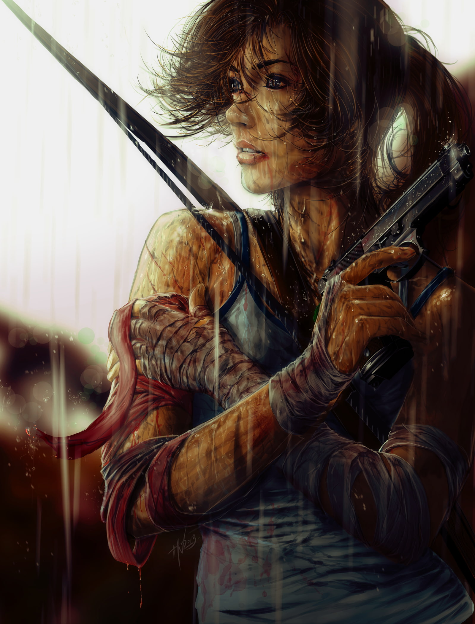 Lara Croft, Tomb Raider, rain, bandage, video games, 1080P, Phone HD Wallpaper