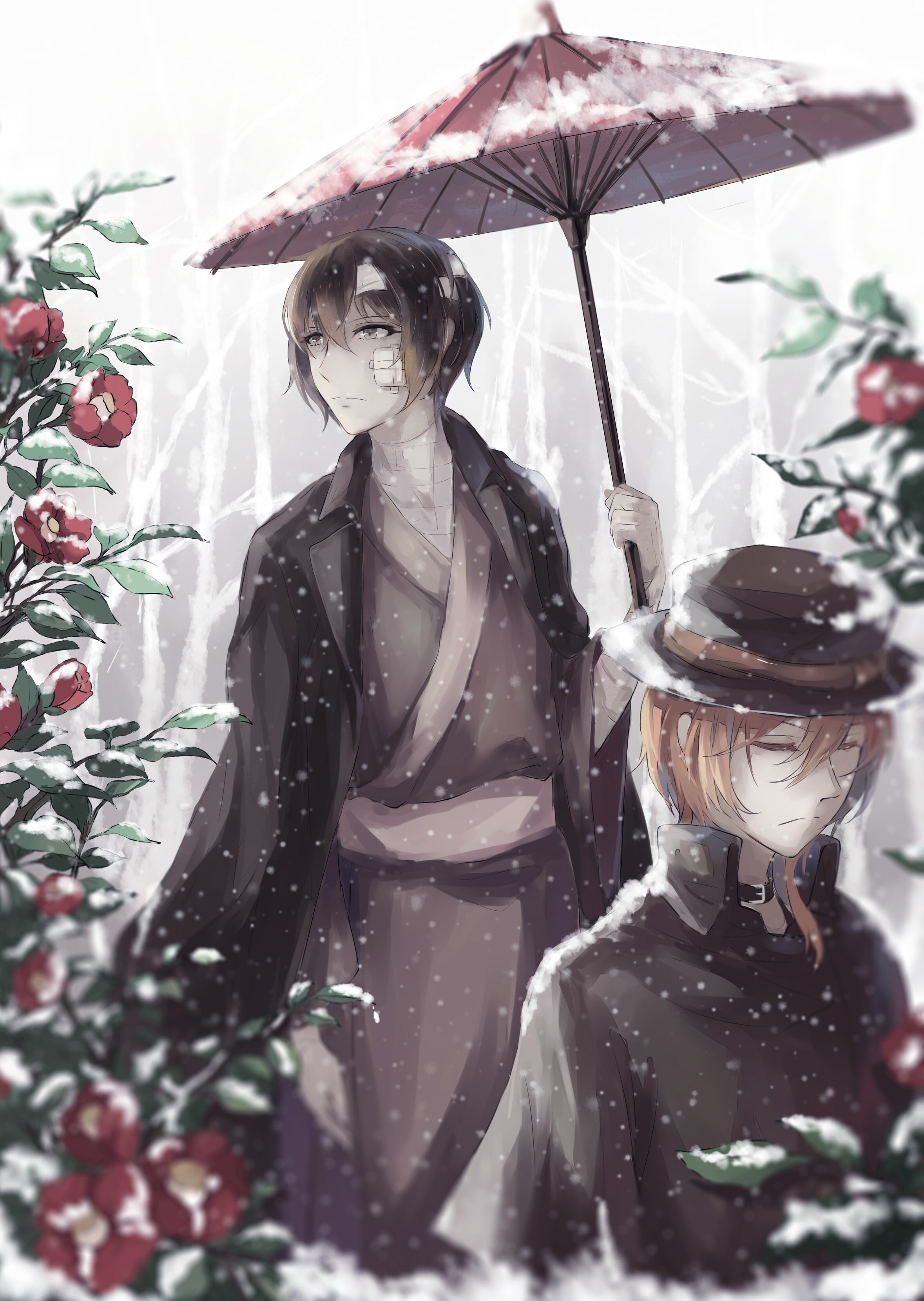 mask, snow, holiday - event, celebration, dazai osamu, art and craft, tree, creativity, yukata, winter, clothing, bandages, fashion, women, indoors, nakahara chuuya, Phone HD Wallpaper