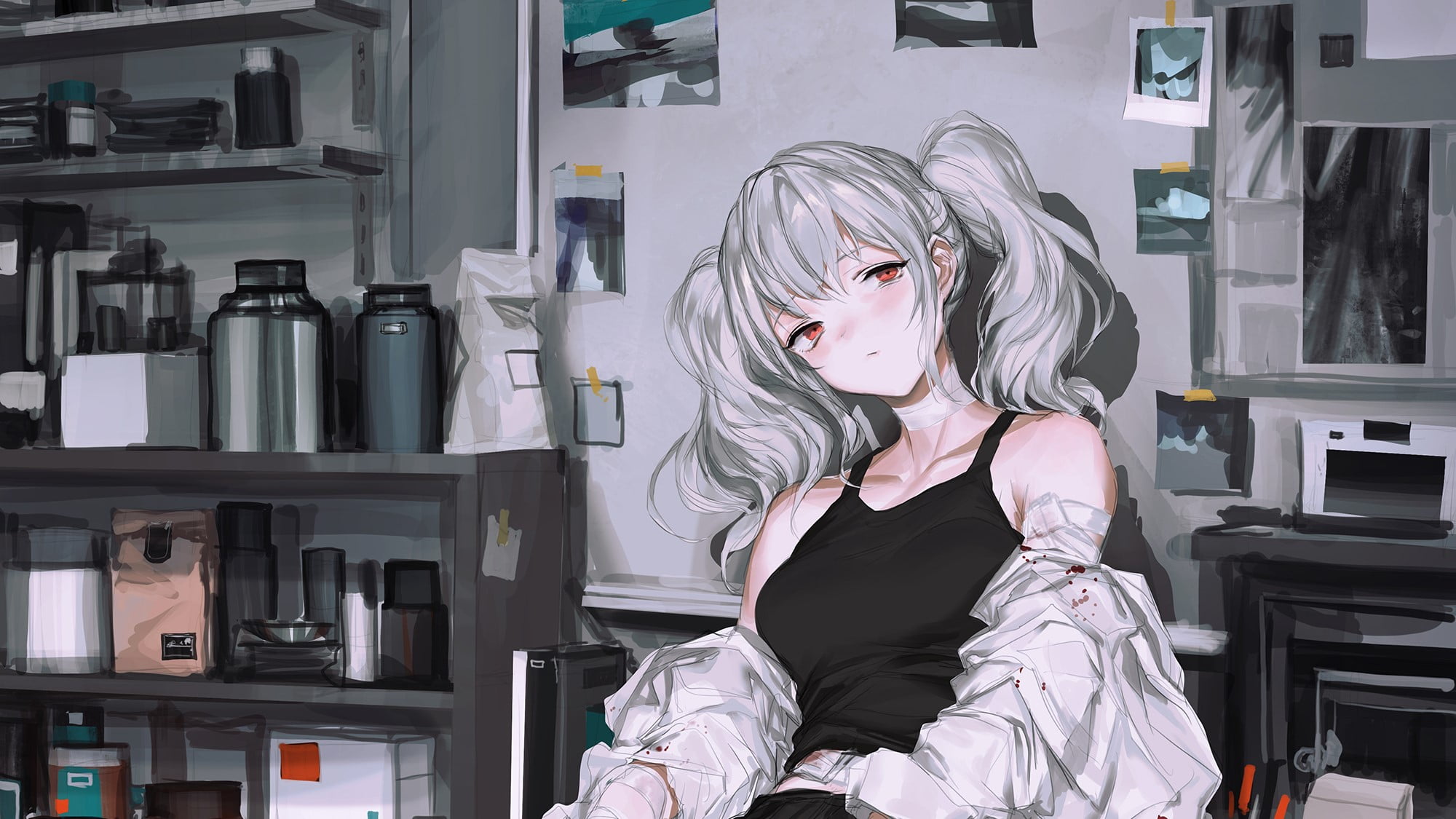 1080P, Black top, artwork, pigtails, anime girls, black tops, original characters, bandage, digital art, red eyes, anime, white hair, HD Wallpaper