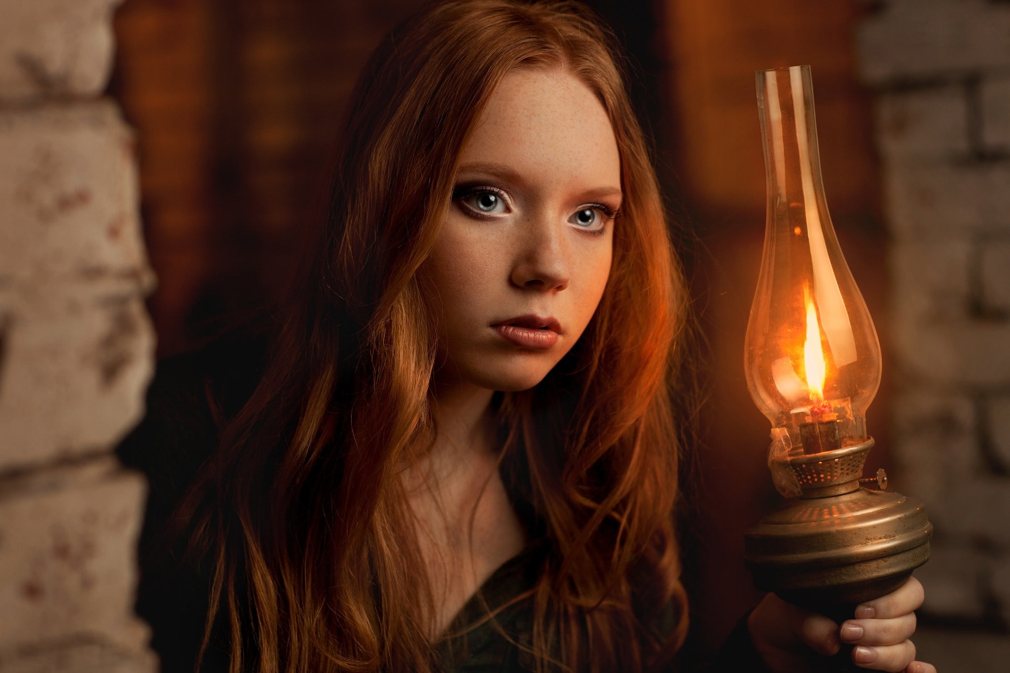blue eyes, women, model, redhead, 1080P, gas lamps, freckles, face, long hair, HD Wallpaper
