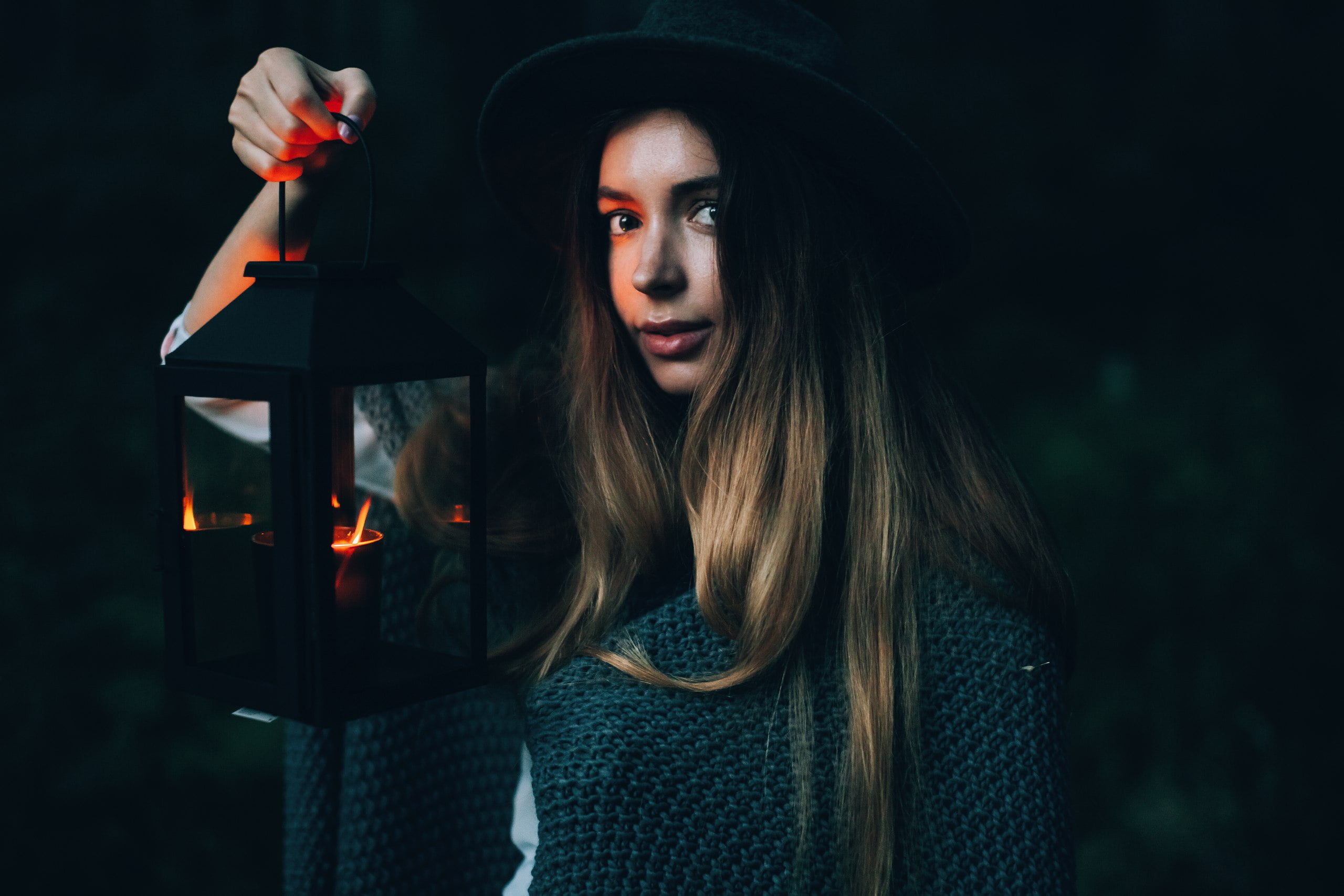 black background, one person, long hair, hat, adult, portrait, brunette, forest, gas lamps, clothing, beautiful woman, women outdoors, women with hats, HD Wallpaper