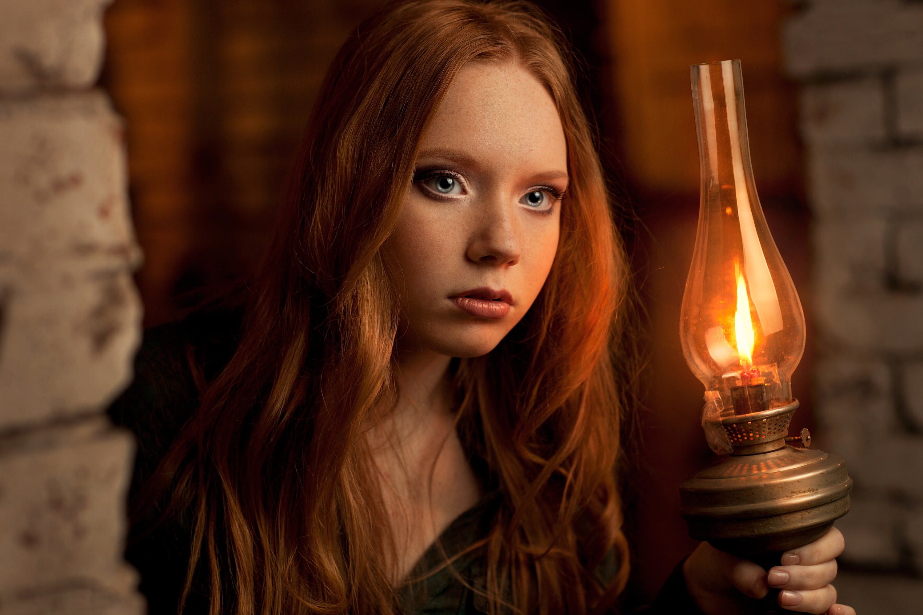 gas lamps, women, fire, freckles, 2K, long hair, bricks, redhead, model, blue eyes, face, HD Wallpaper