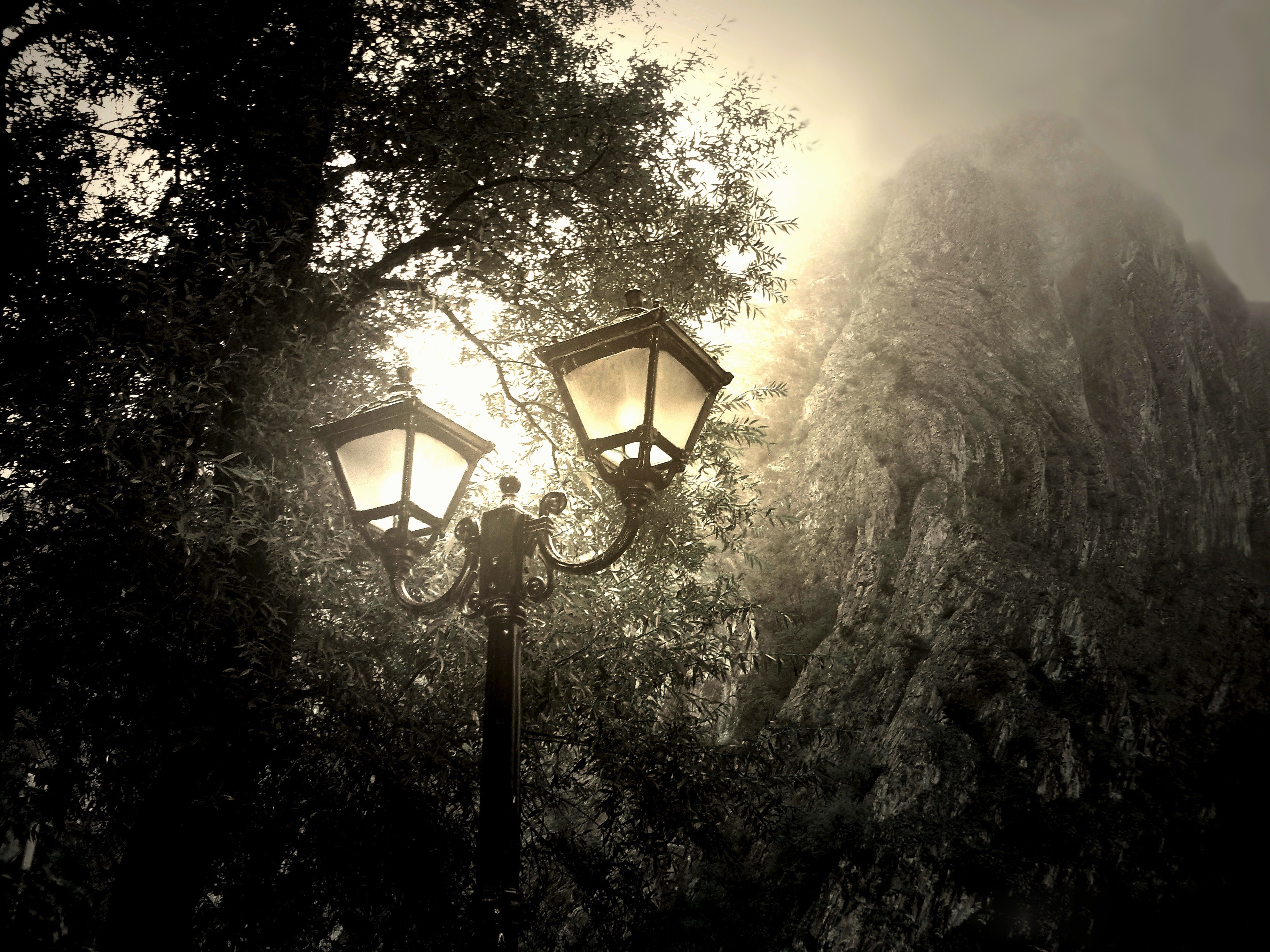 retro, lantern, lighting equipment, bulb, landscape, dark, mountain, canyon, cold, mystic, mystery, rainy, light, foggy, macedonia, dusk, street light, HD Wallpaper