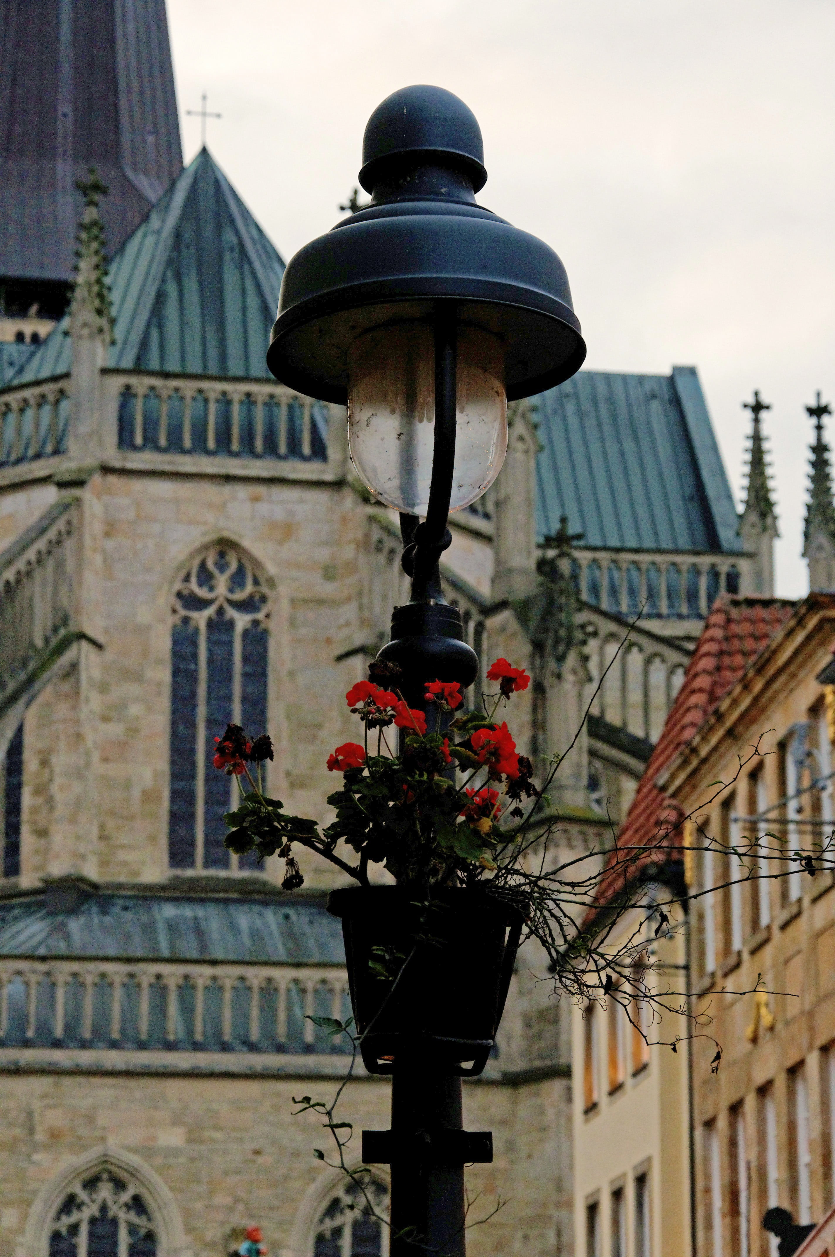 street, building exterior, low angle view, built structure, the past, church, city, street lamp, osnabrück, sky, electric lamp, 4K, street light, architecture, Phone HD Wallpaper