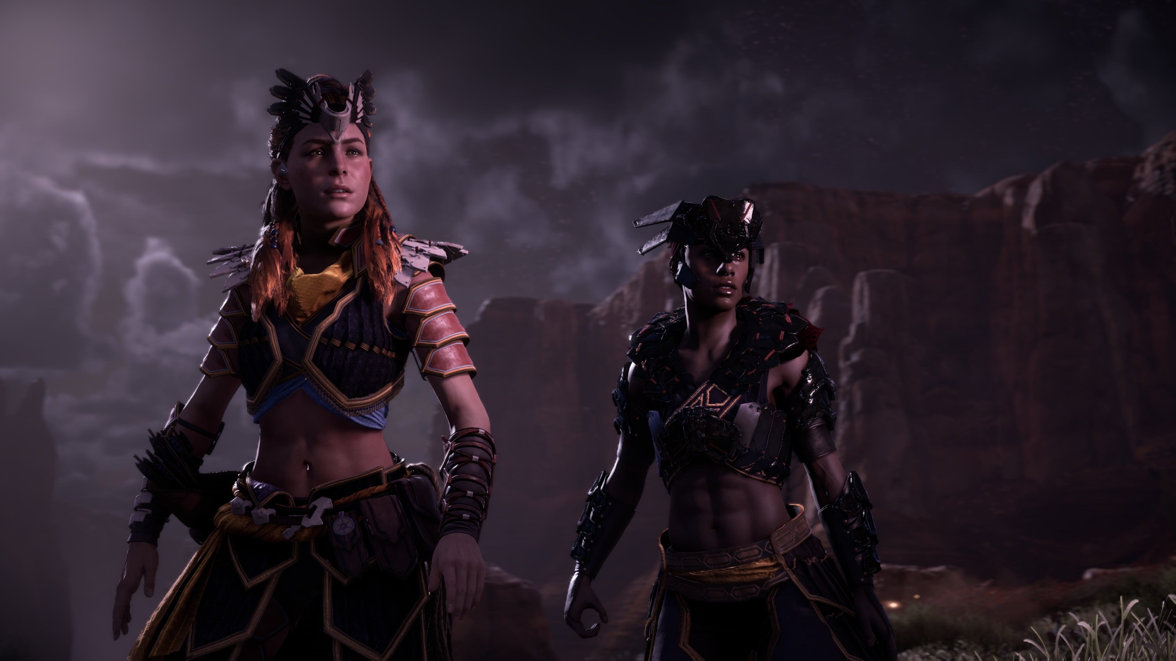 warrior - person, night, three quarter length, evil, two, aggression, young women, people, Horizon: Zero Dawn, clothing, knife - weapon, cloud - sky, young adult, HD Wallpaper