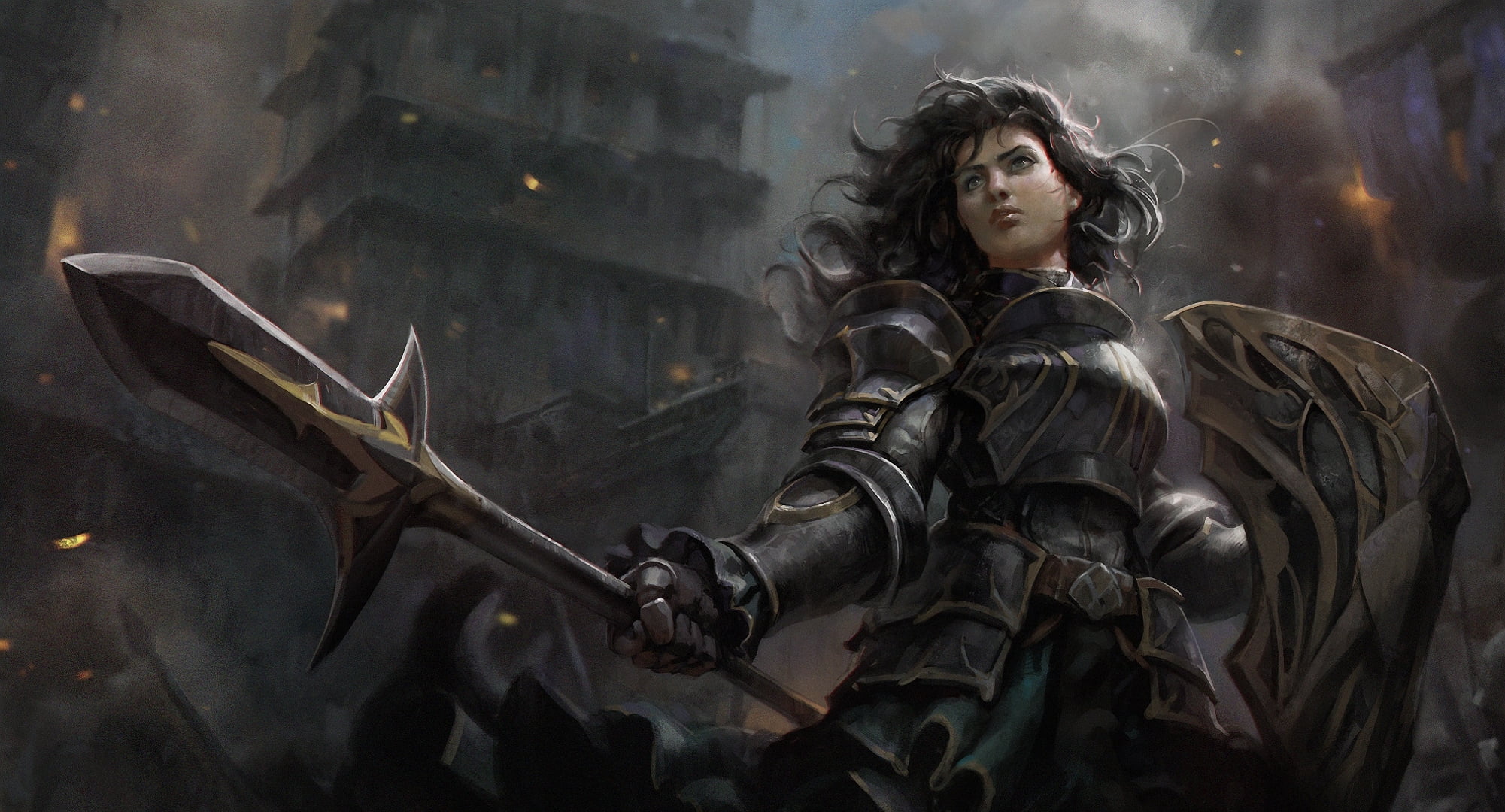 hair, military, armor, building exterior, city, statue, sculpture, nature, spear, army, warrior, girl, beauty, outdoors, beautiful woman, weapon, architecture, HD Wallpaper