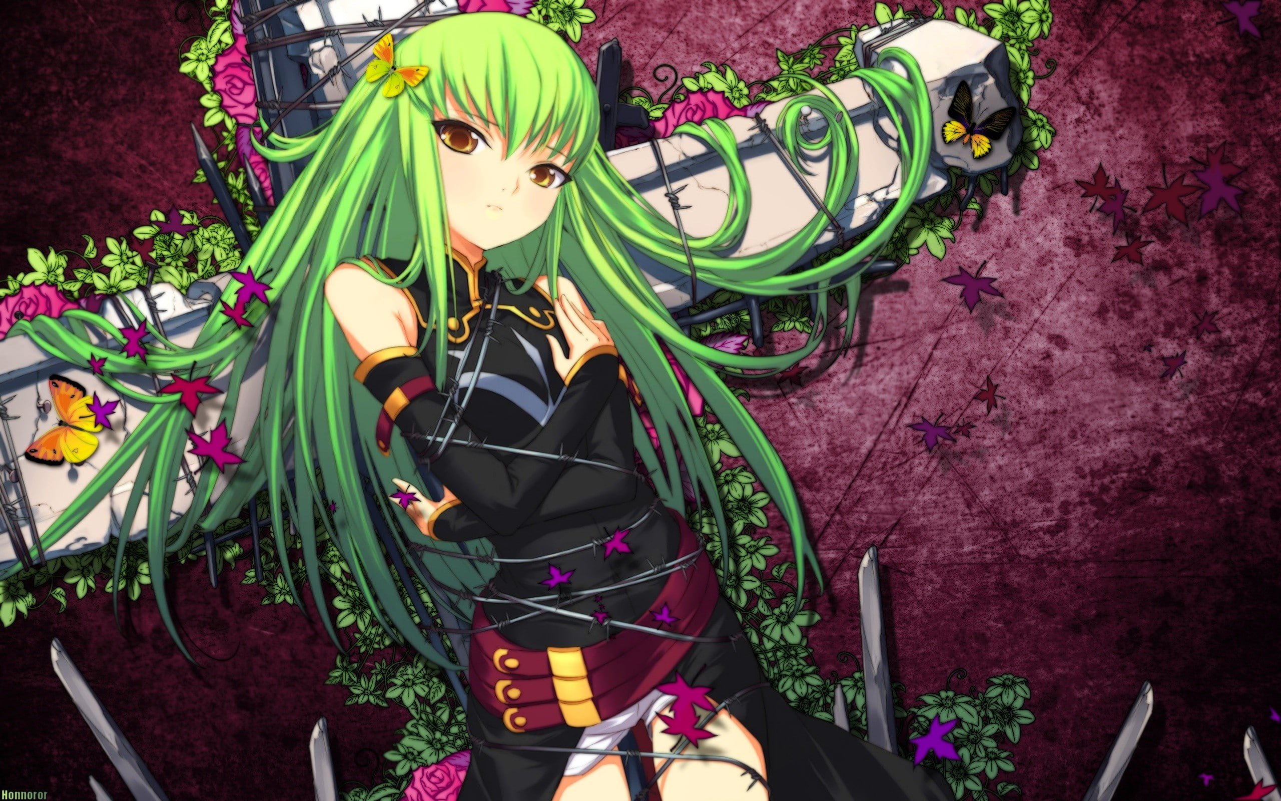 plants, red, tied, green, purple, hair, yellow, art, animals, code, leaves, flowers, shorts, hd, 2K, geass, eyes, butterflies, cc, cross, long, HD Wallpaper