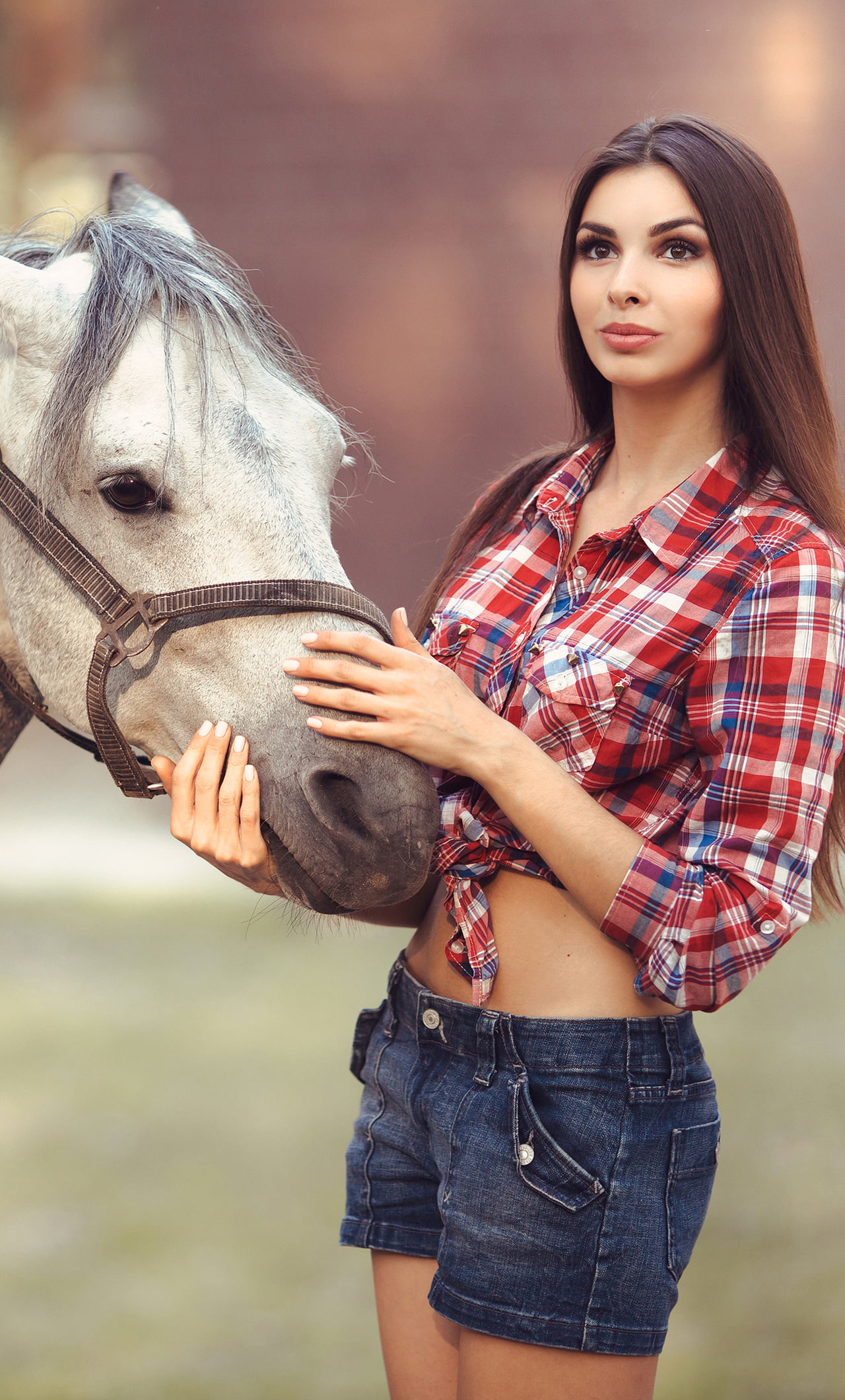 plaid shirt, Tied top, women outdoors, depth of field, model, straight hair, jean shorts, women, long hair, women with horse, brown eyes, animals, portrait display, Phone HD Wallpaper
