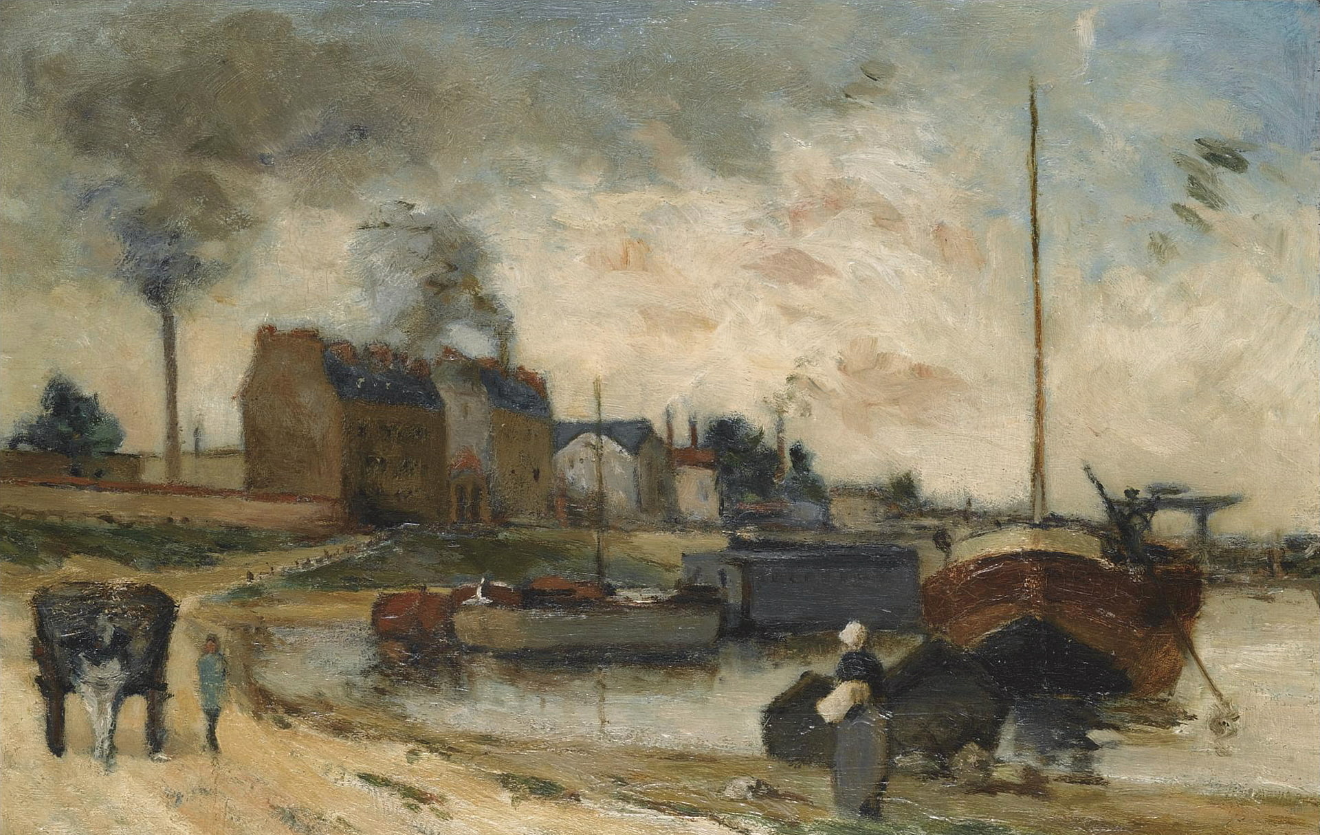pipe, The Factory on the Quay of Grenelle, Paul Gauguin, factory, landscape, 1080P, smoke, picture, boat, HD Wallpaper