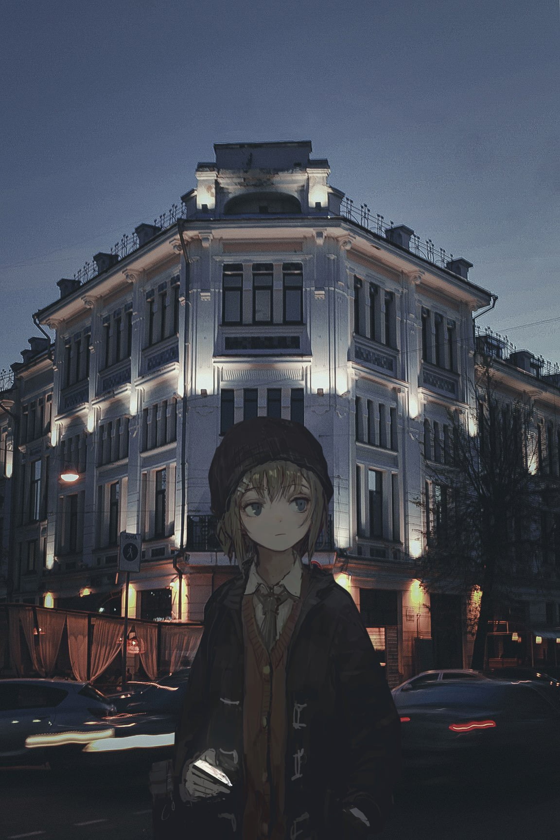 art and craft, front view, obscured face, disguise, real people, illuminated, short hair, nature, sky, night, architecture, one person, shion (mirudakemann), Phone HD Wallpaper