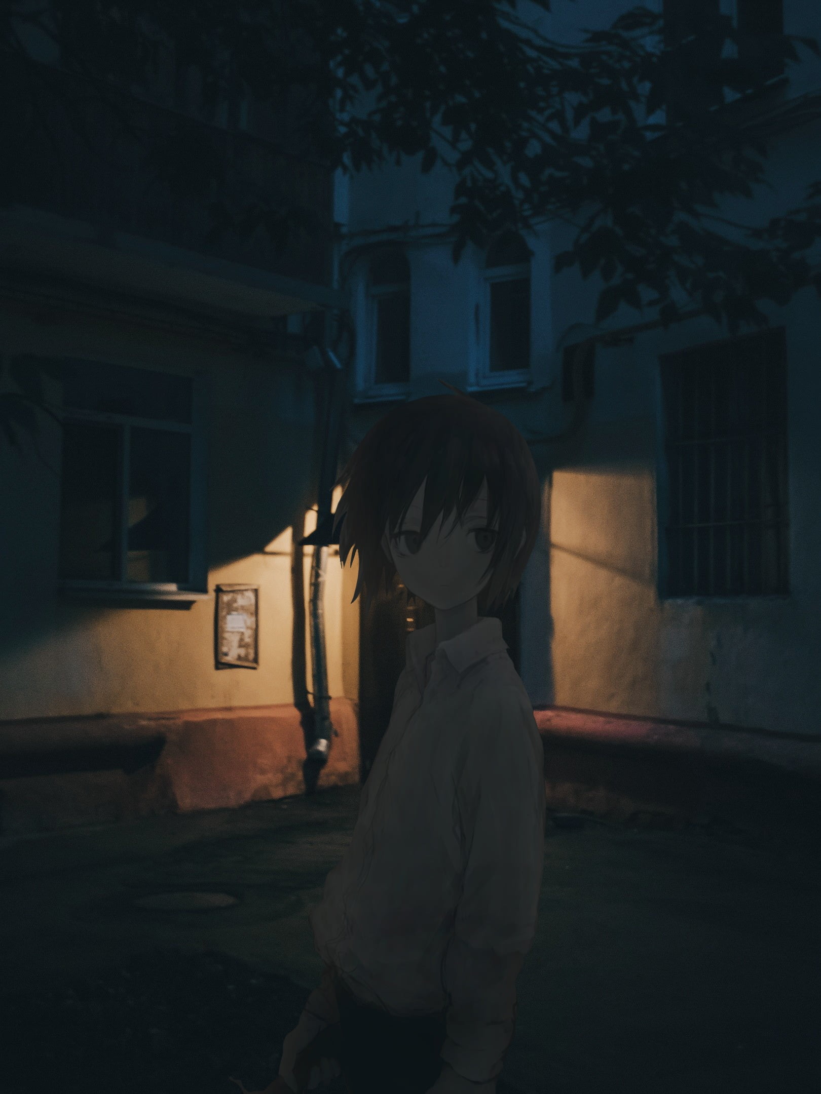 built structure, anime girls, casual clothing, warm clothing, illuminated, night, obscured face, 1080P, residential district, street, building exterior, Phone HD Wallpaper
