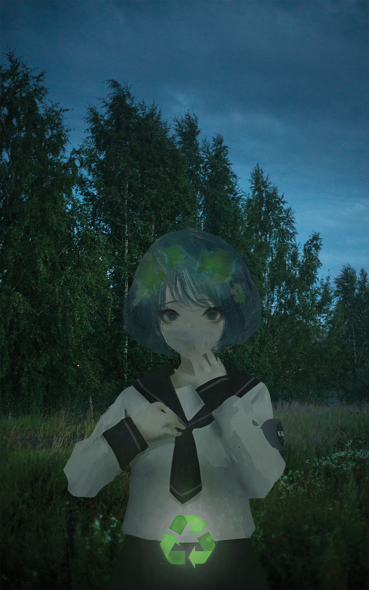 Aoi Ogata, 1080P, evening, front view, technology, anime girls, nature, digital composite, human representation, day, 2D, representation, Earth-chan, male likeness, Phone HD Wallpaper