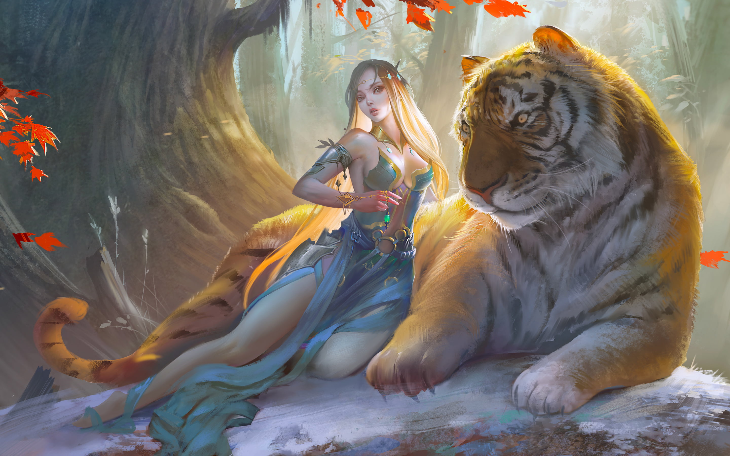 big cats, tiger, 2K, artwork, women, blonde, animals, long hair, fantasy art, dress, fantasy girl, HD Wallpaper