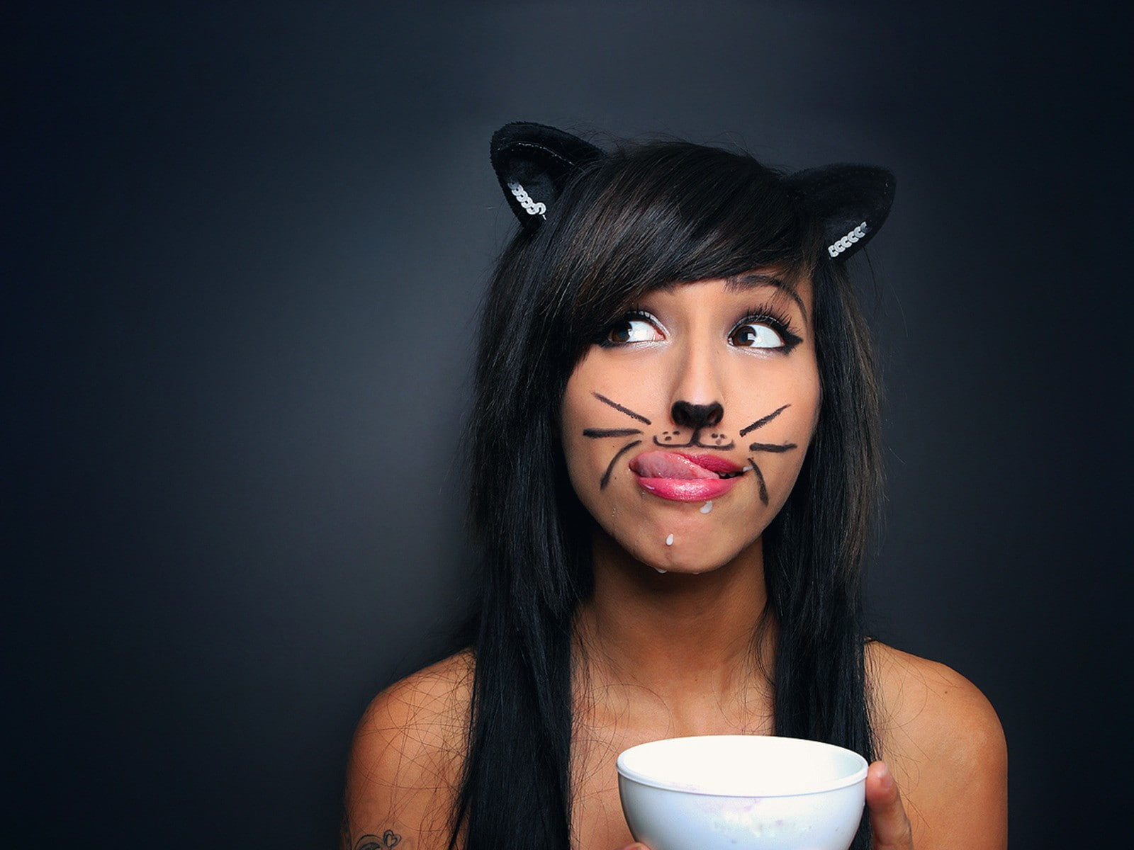 720P, model, milk, cat ears, tongues, women, cup, cat girl, makeup, Beverly Zoey, HD Wallpaper
