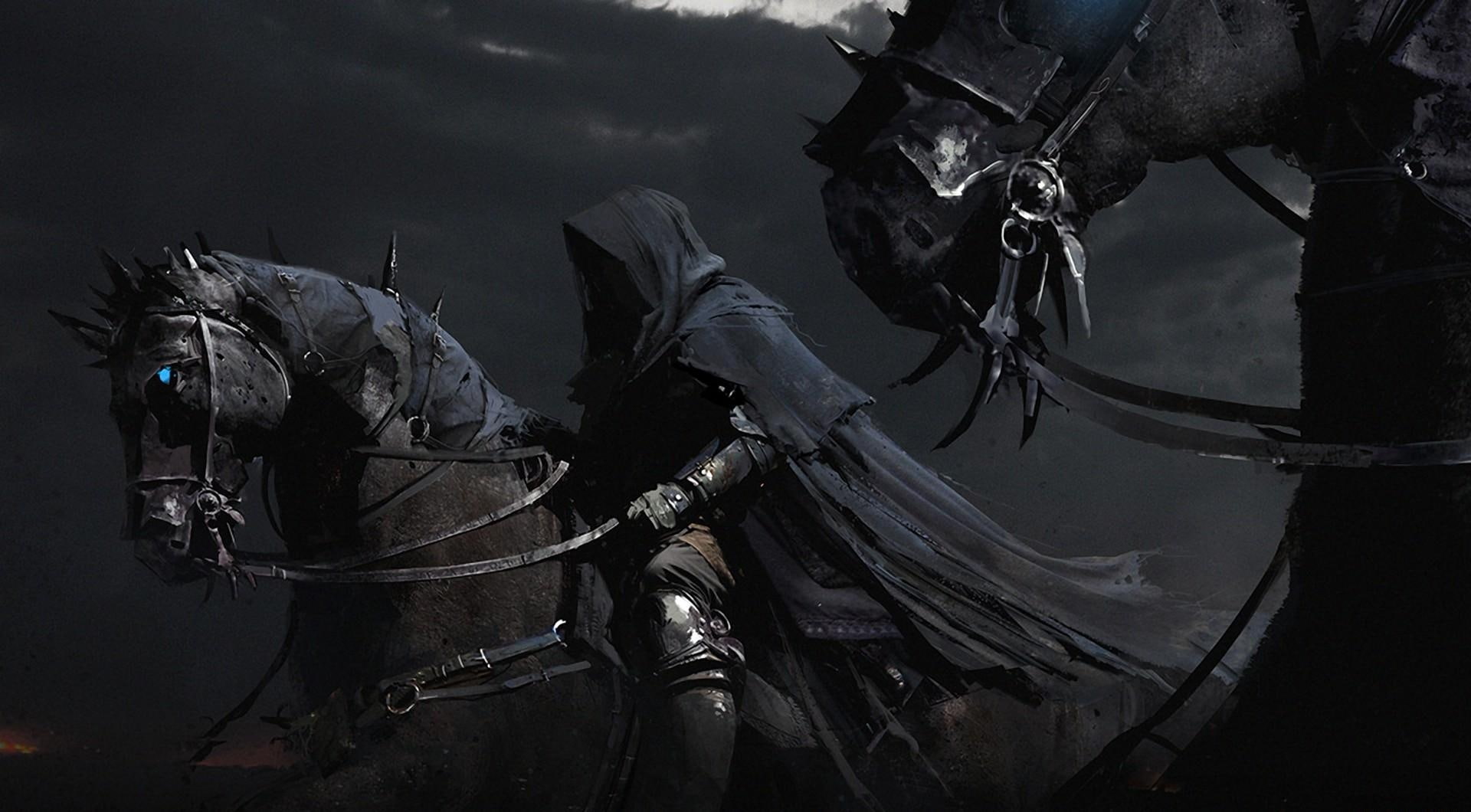 horsemen black, night, horses, cloak, 1080P, HD Wallpaper