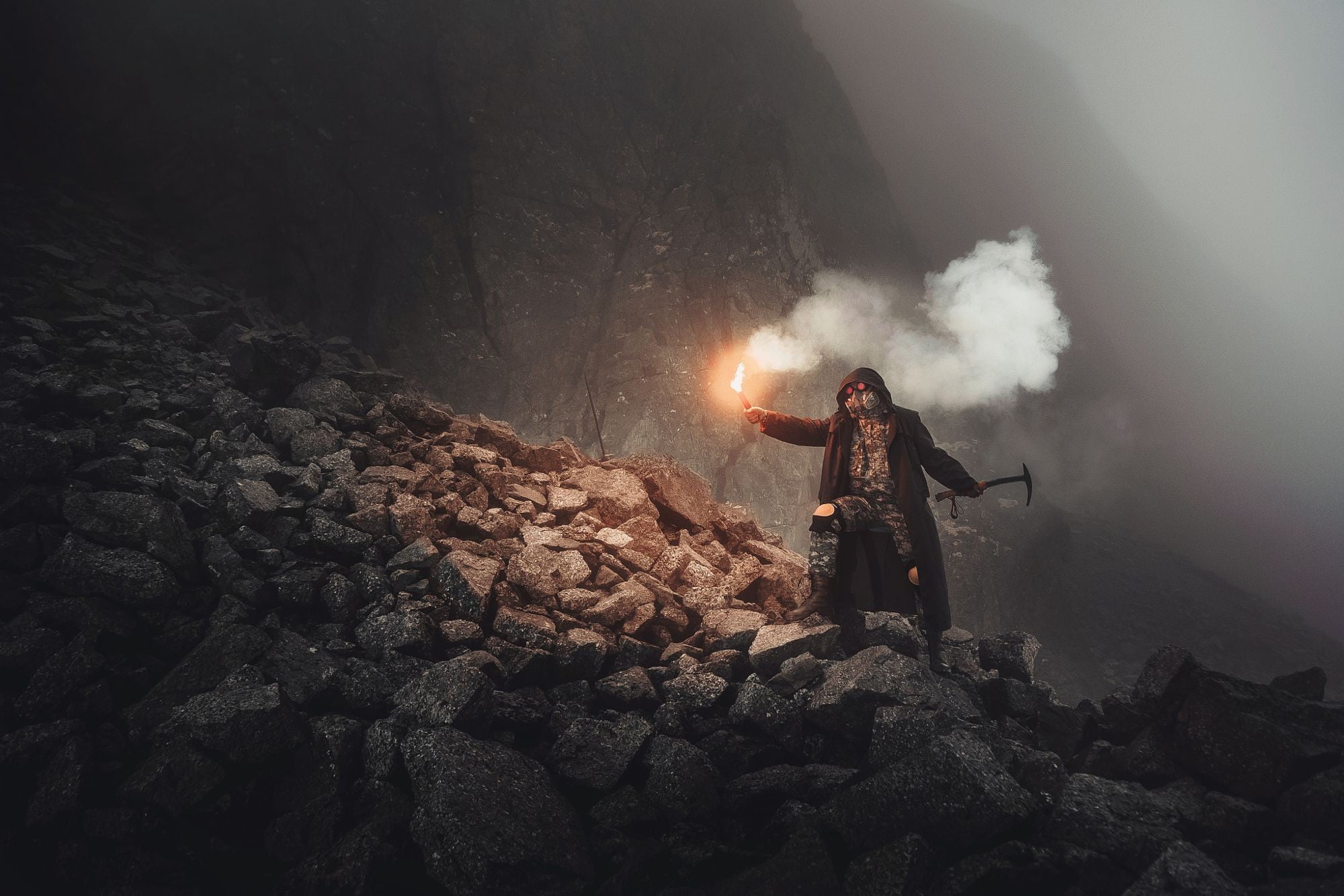 mountains, real people, mountain, smoke, rock, one person, nature, tranquility, sky, rock - object, land, solid, full length, winter, fog, outdoors, cloak, HD Wallpaper