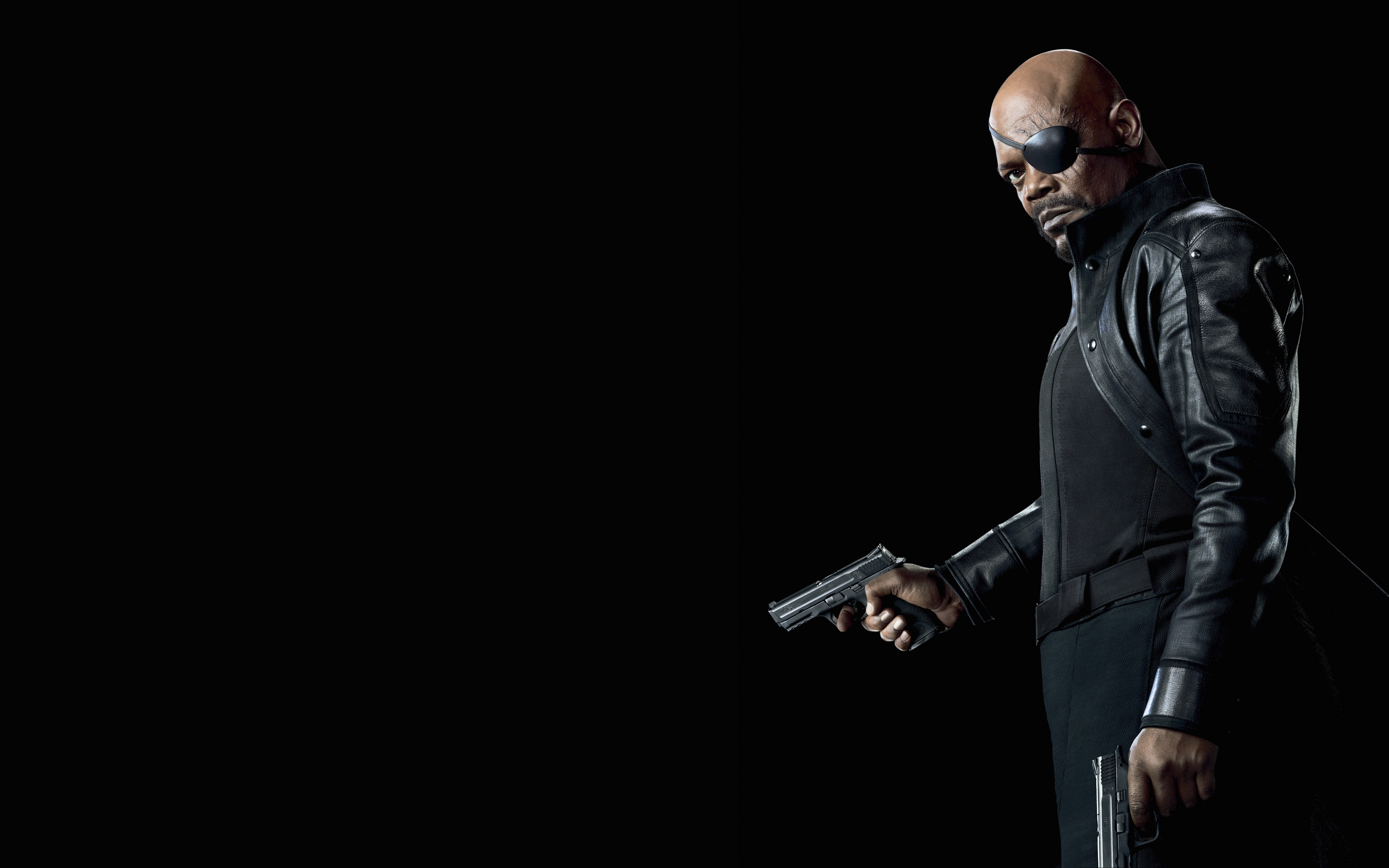 headband, weapons, comic, black background, Nick Fury, guns, The Avengers, cloak, 5K, MARVEL, fiction, in black, Samuel L. Jackson, HD Wallpaper