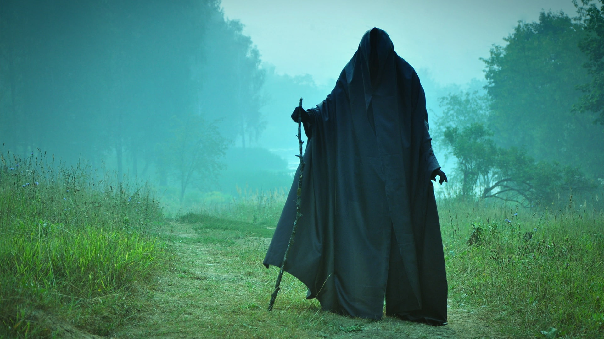 the end, death, on the road, black cloak, meeting, staff, underworld, fog, 1080P, Sawan, HD Wallpaper