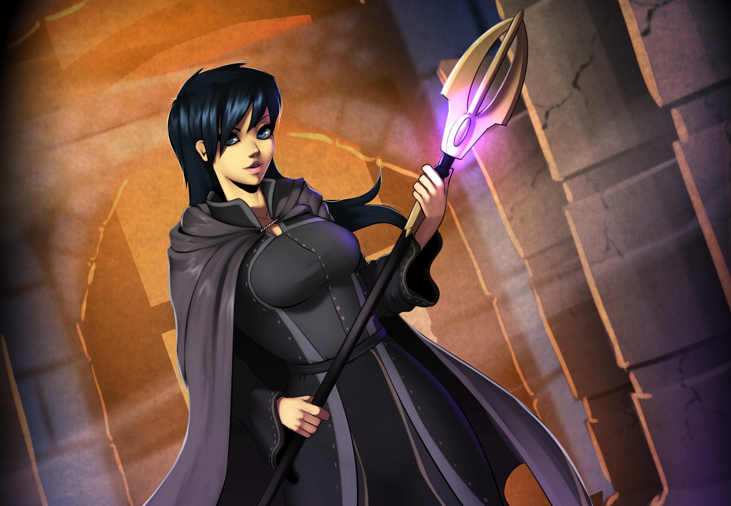 staff, girl, 1080P, cloak, black, HD Wallpaper