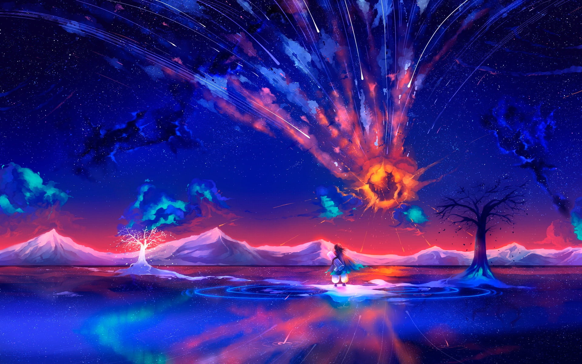 meteorite, trees, space, water, white, the explosion, light, flight, the wind, pink, people, comet, yellow, orange, tree, lights, blue, fire, mountains, HD Wallpaper