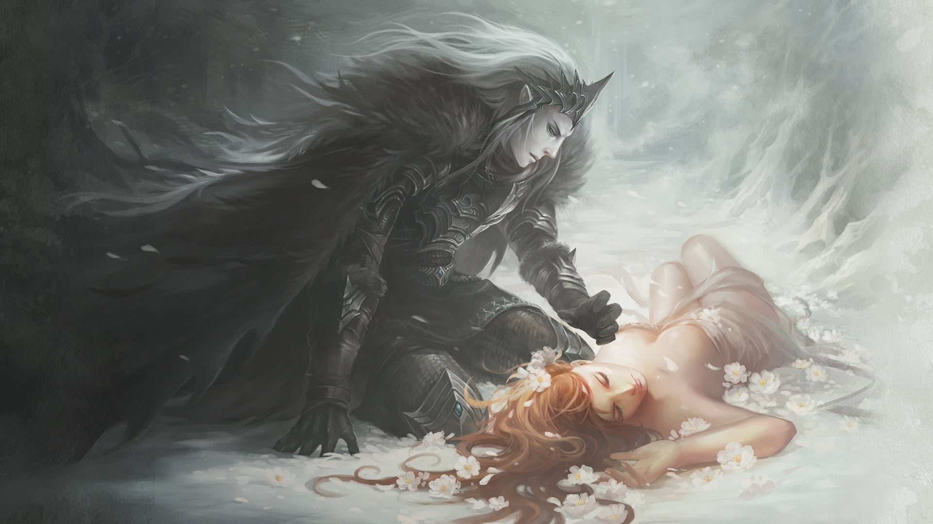 armor, 1080P, the black knight, red, girl, cloak, elf, sleep, flowers, HD Wallpaper