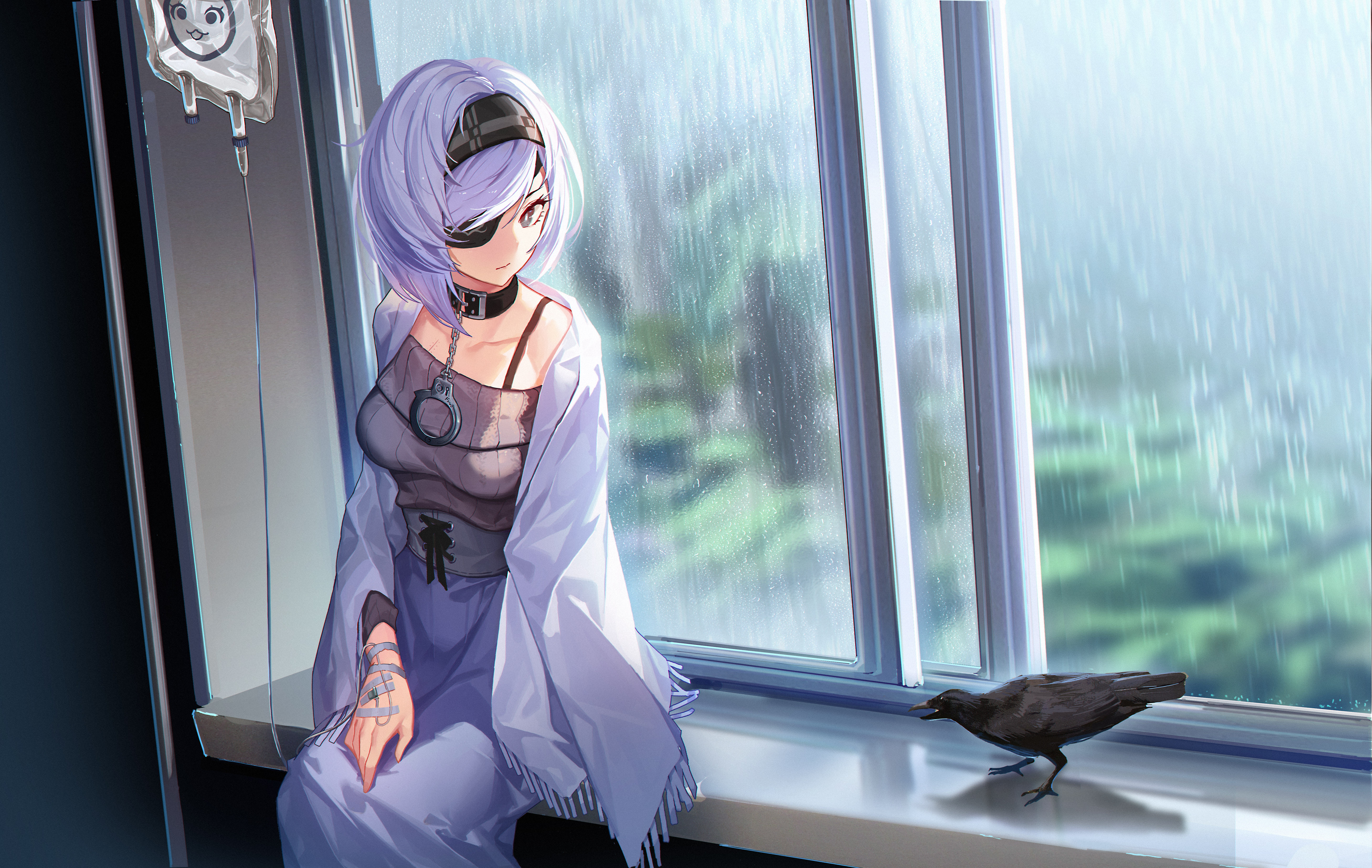 female, one person, young adult, illustration, adult, 5K, short hair, reflection, three quarter length, clothing, rain, black eyes, birds, purple, real people, HD Wallpaper