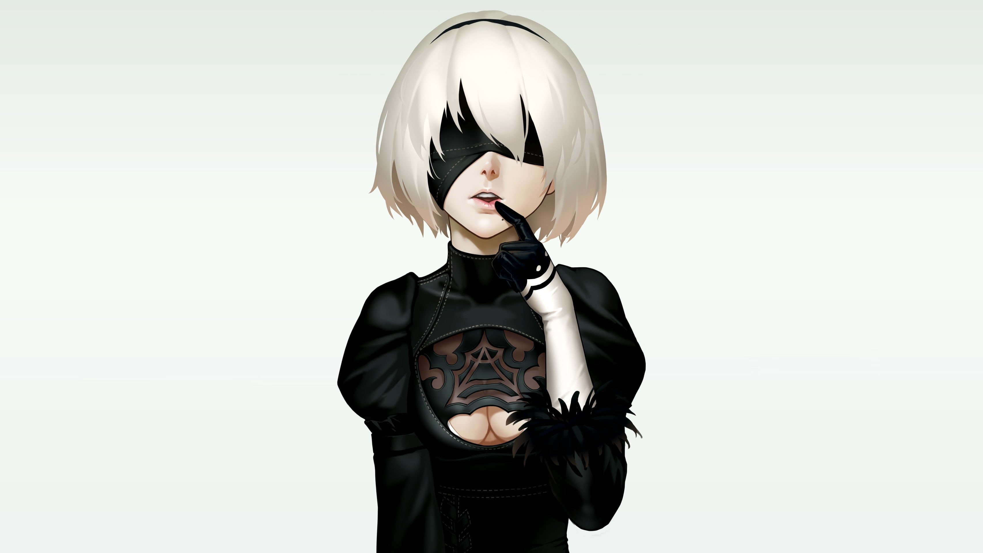 nier: automata, young adult, 2K, three quarter length, obscured face, representation, one person, front view, copy space, standing, art and craft, white background, HD Wallpaper