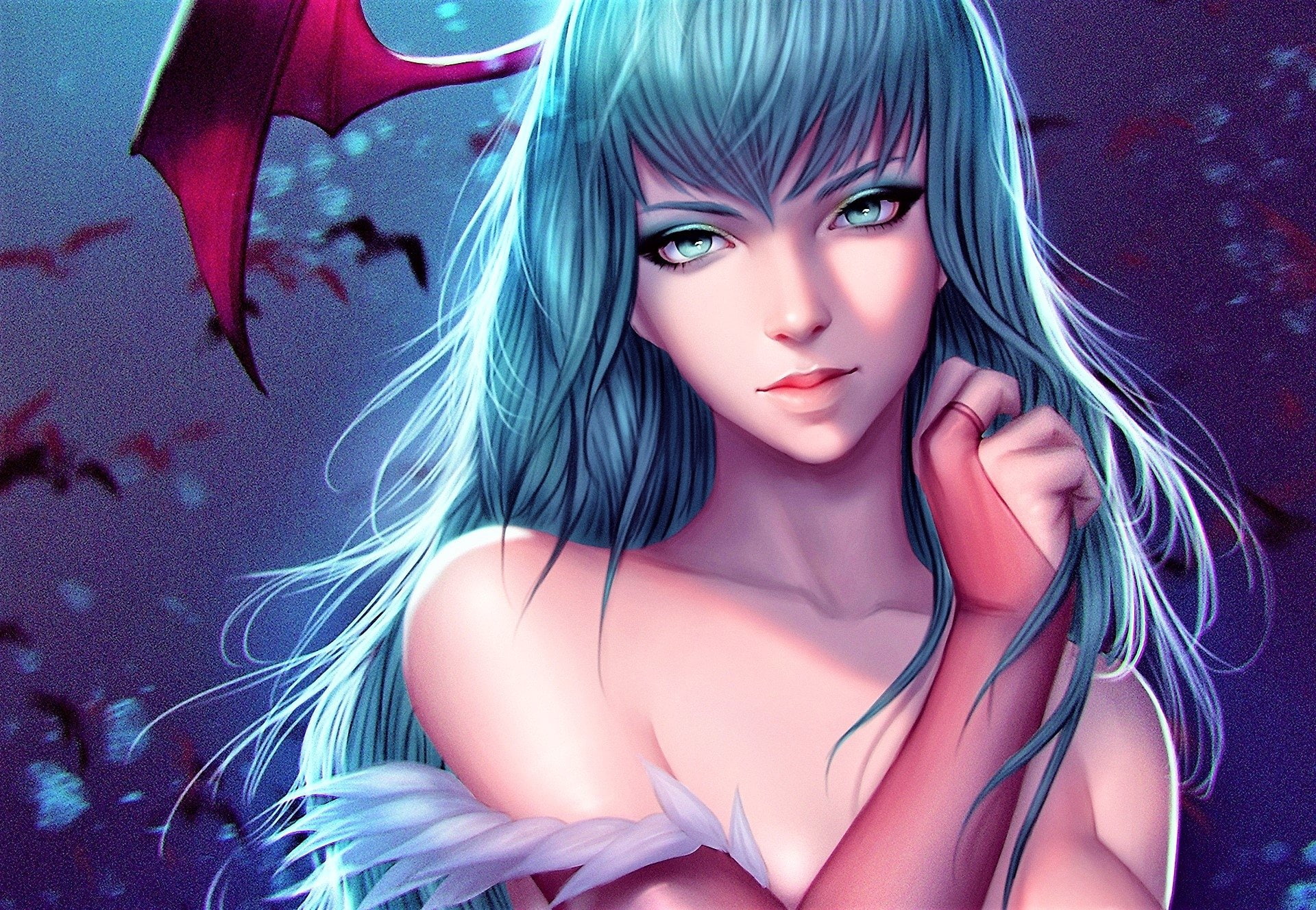 Fantasy, Girl, Darkstalkers, 1080P, Aqua Eyes, Morrigan Aensland, Blue Hair, HD Wallpaper