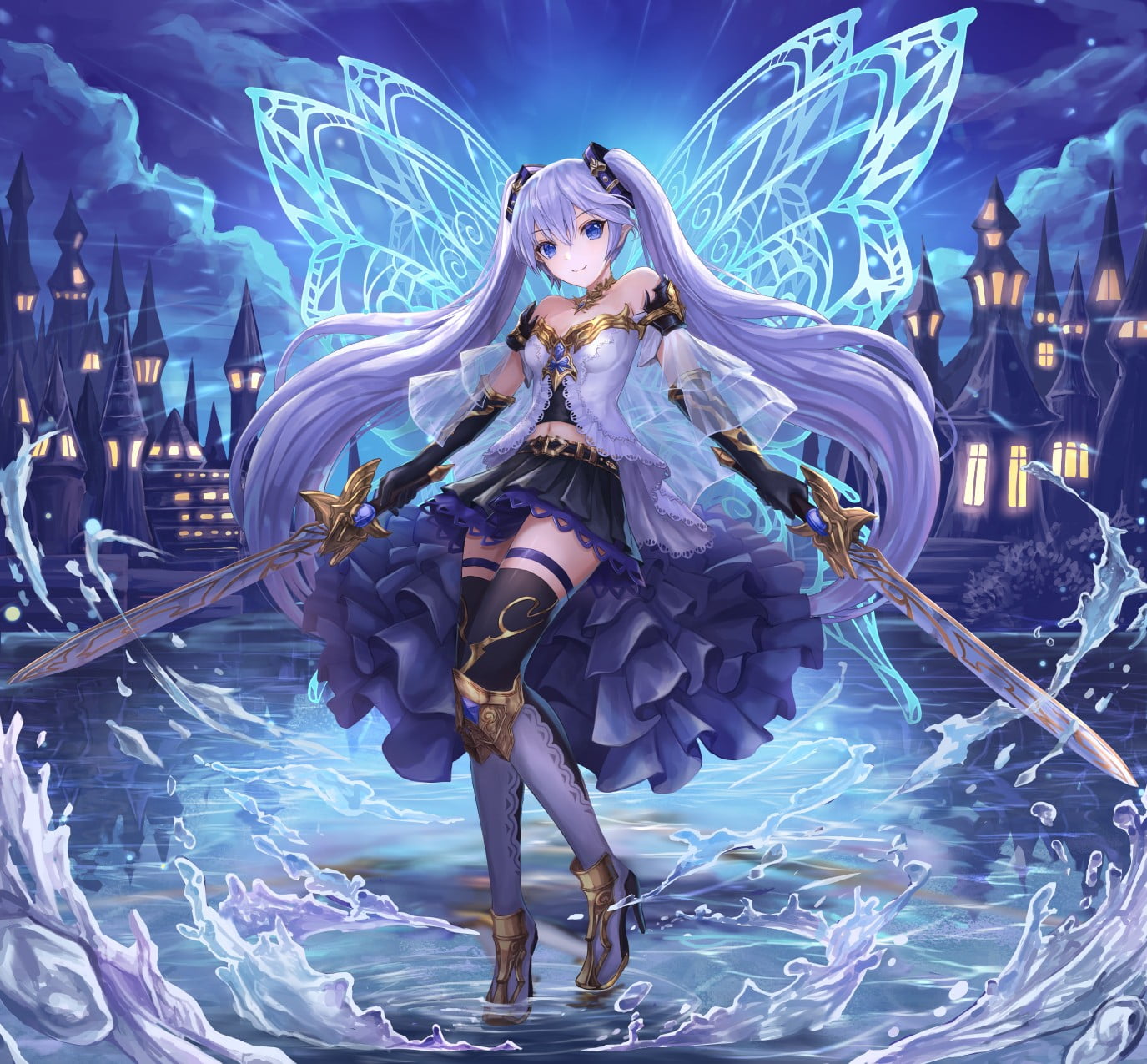 aqua eyes, wings, swords, thigh-highs, two, holding, character, Hatsune Miku, digital, sword, fairies, 720P, twintails, Vocaloid, anime, female, HD Wallpaper