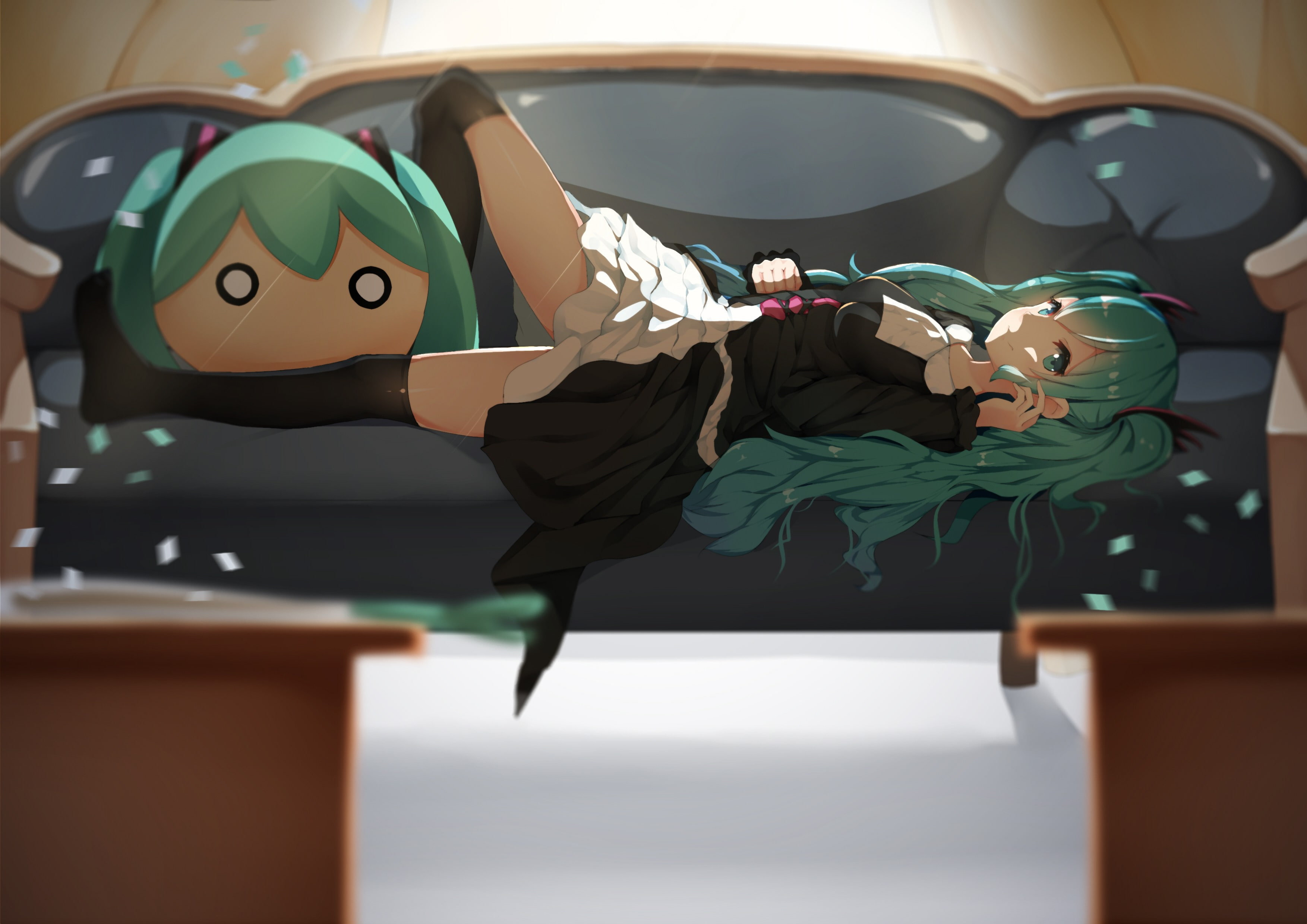 Hatsune Miku, table, human representation, aqua hair, 2K, couch, still life, indoors, seat, toy, long hair, turquoise colored, Vocaloid, aqua eyes, home interior, HD Wallpaper