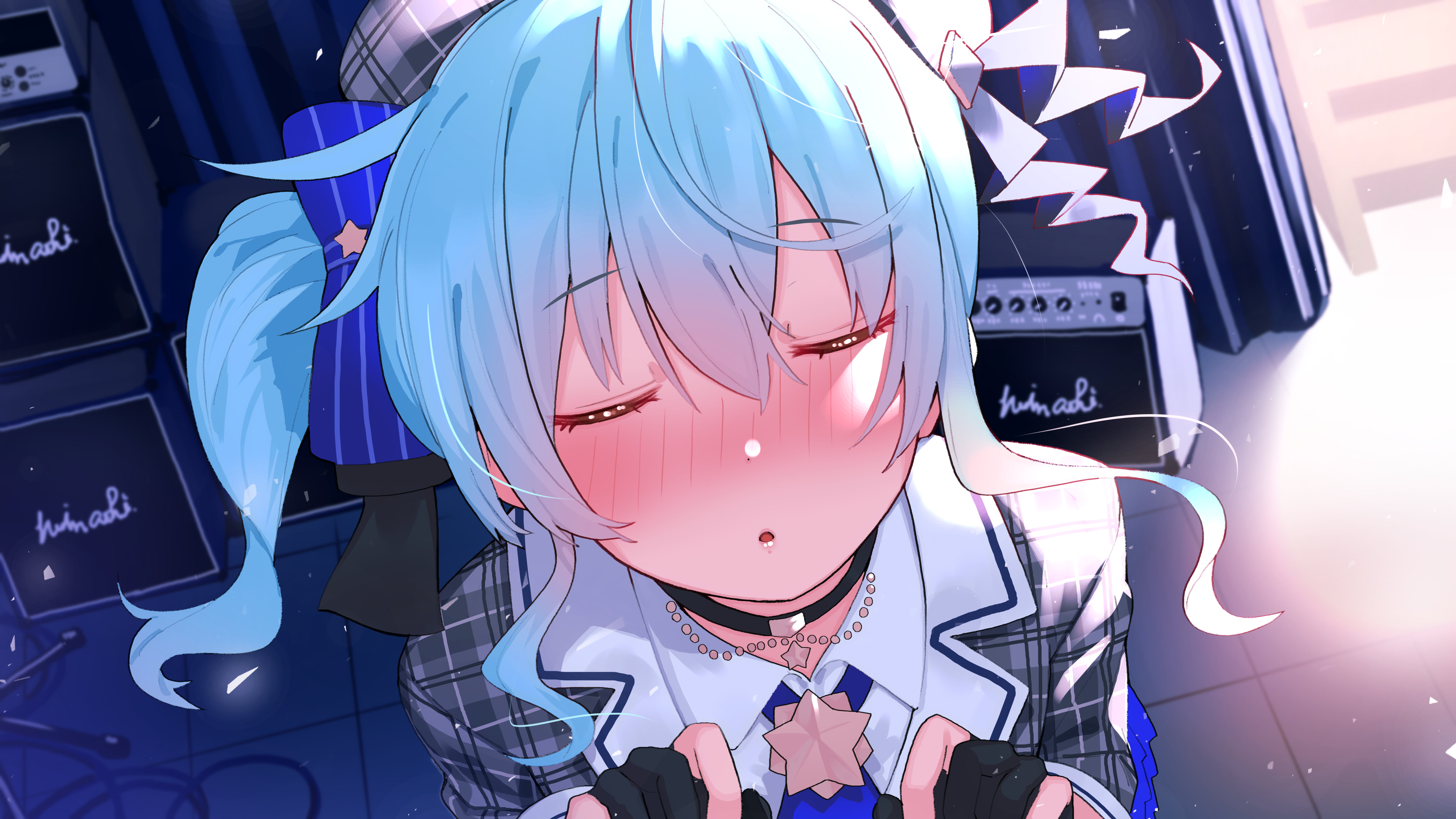 2D, closeup, depth of field, kissing, choker, blue hair, 5K, high angle, Virtual Youtuber, illustration, hair accessories, Side ponytail, hair bows, artwork, HD Wallpaper