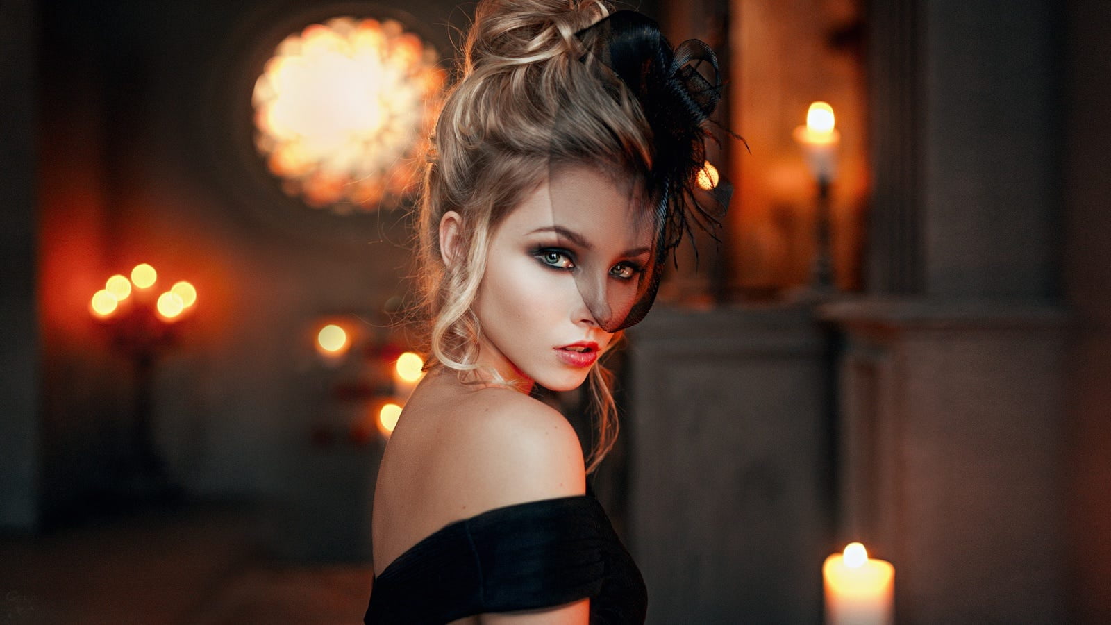 candles, Alice Tarasenko, 720P, hairbun, women, black dress, black clothing, fashion, open mouth, looking at viewer, Georgy Chernyadyev, glamour, hair accessories, HD Wallpaper