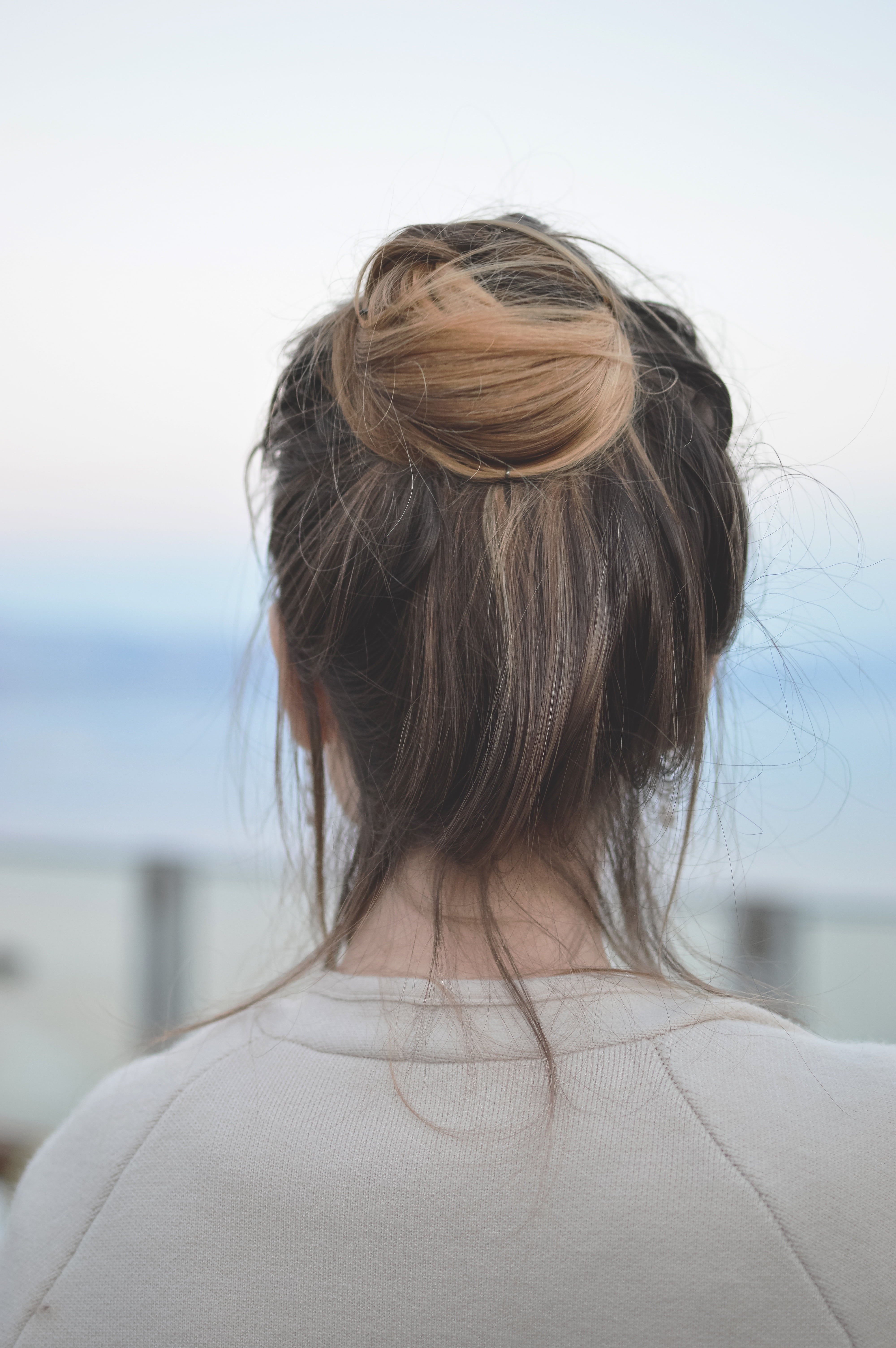 young adult, bun, people, sky, rear view, focus, obscured face, wearing, adult, long hair, 5K, sea, women, one woman only, woman, hair, beautiful woman, Phone HD Wallpaper