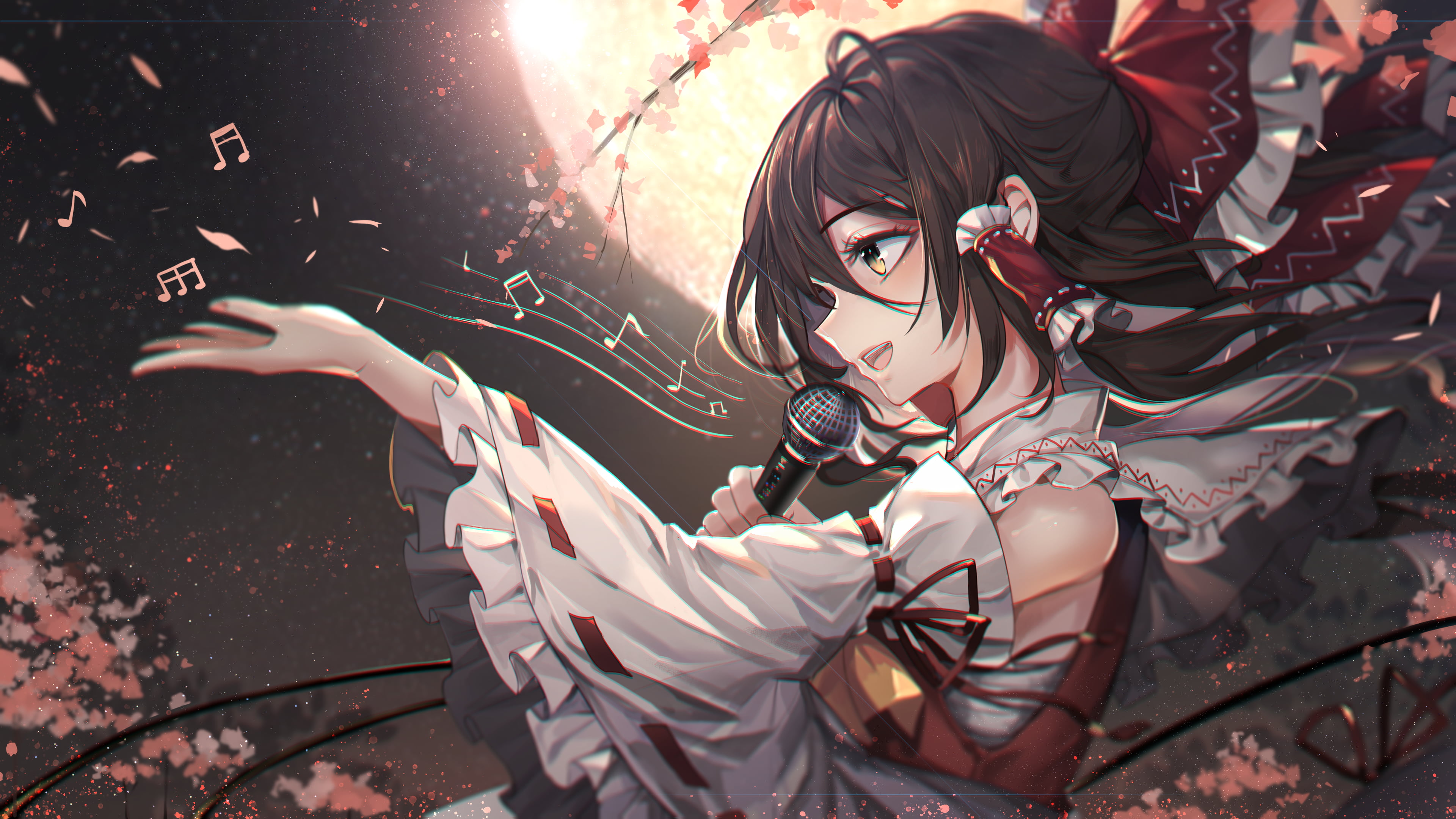 Touhou, anime, Hakurei Reimu, hair accessories, cherry blossom, night, singing, Moon, 4K, musical notes, HD Wallpaper