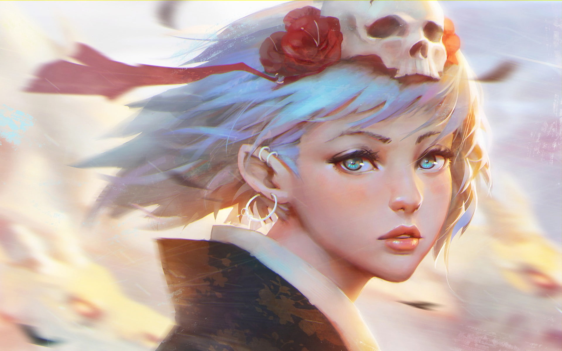 1080P, aqua eyes, headdress, soft shading, aqua hair, skull, flowers, GUWEIZ, white hair, original characters, anime, HD Wallpaper