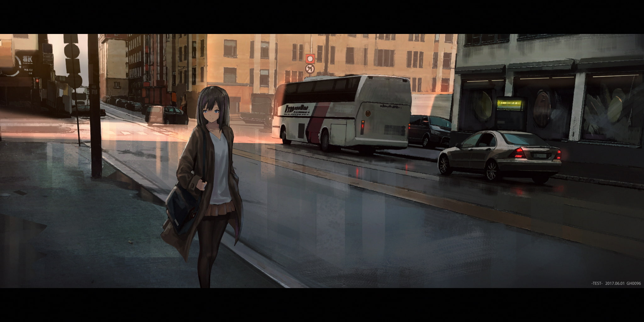 2017 (Year), anime, anime girls, urban, 1080P, dark hair, street, HD Wallpaper